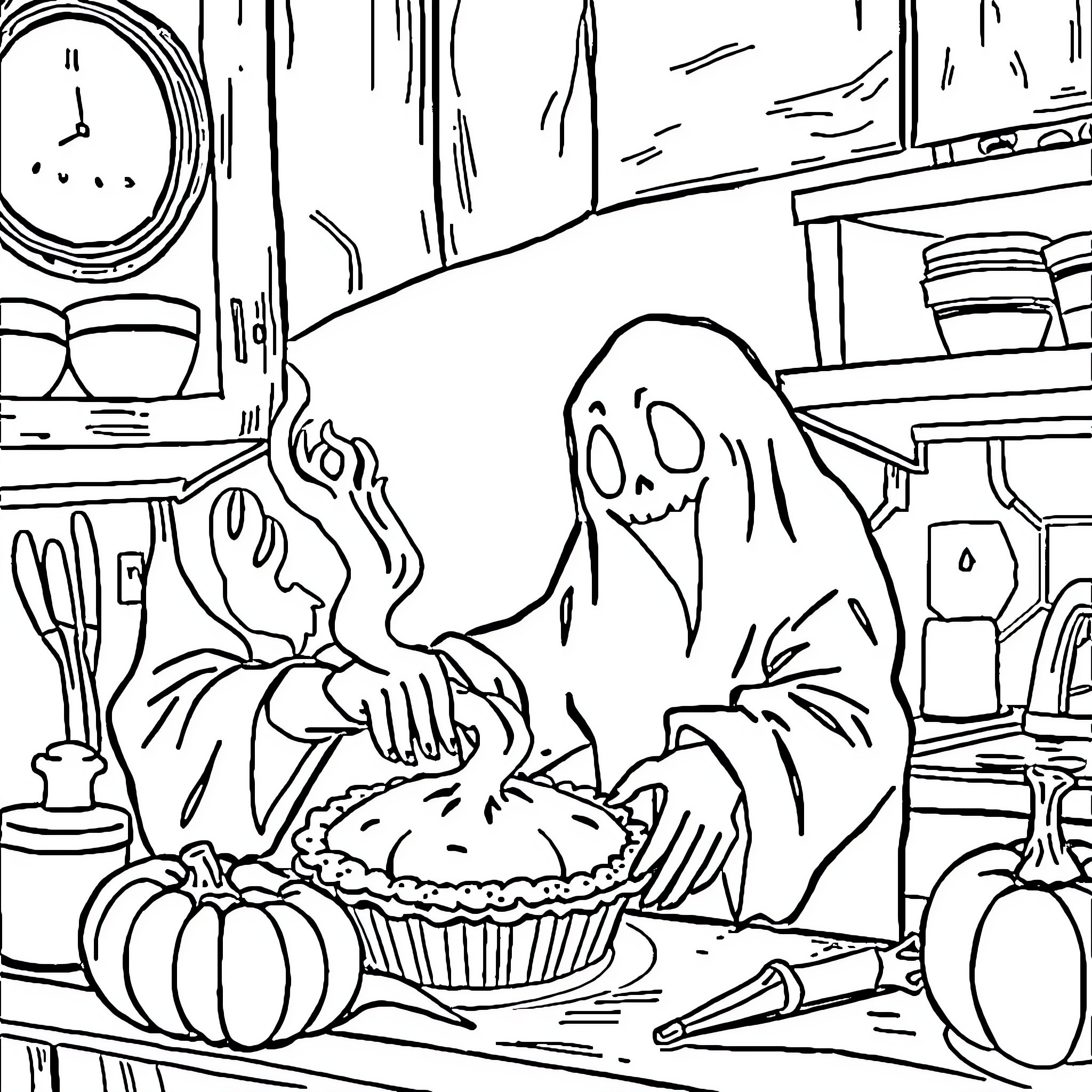 Ghostface baking a spooky pumpkin pie in the kitchen Coloring Page (free black-and-white line drawing printable PDF for all, from beginners to advanced learners, including children, teens, adults, and seniors)