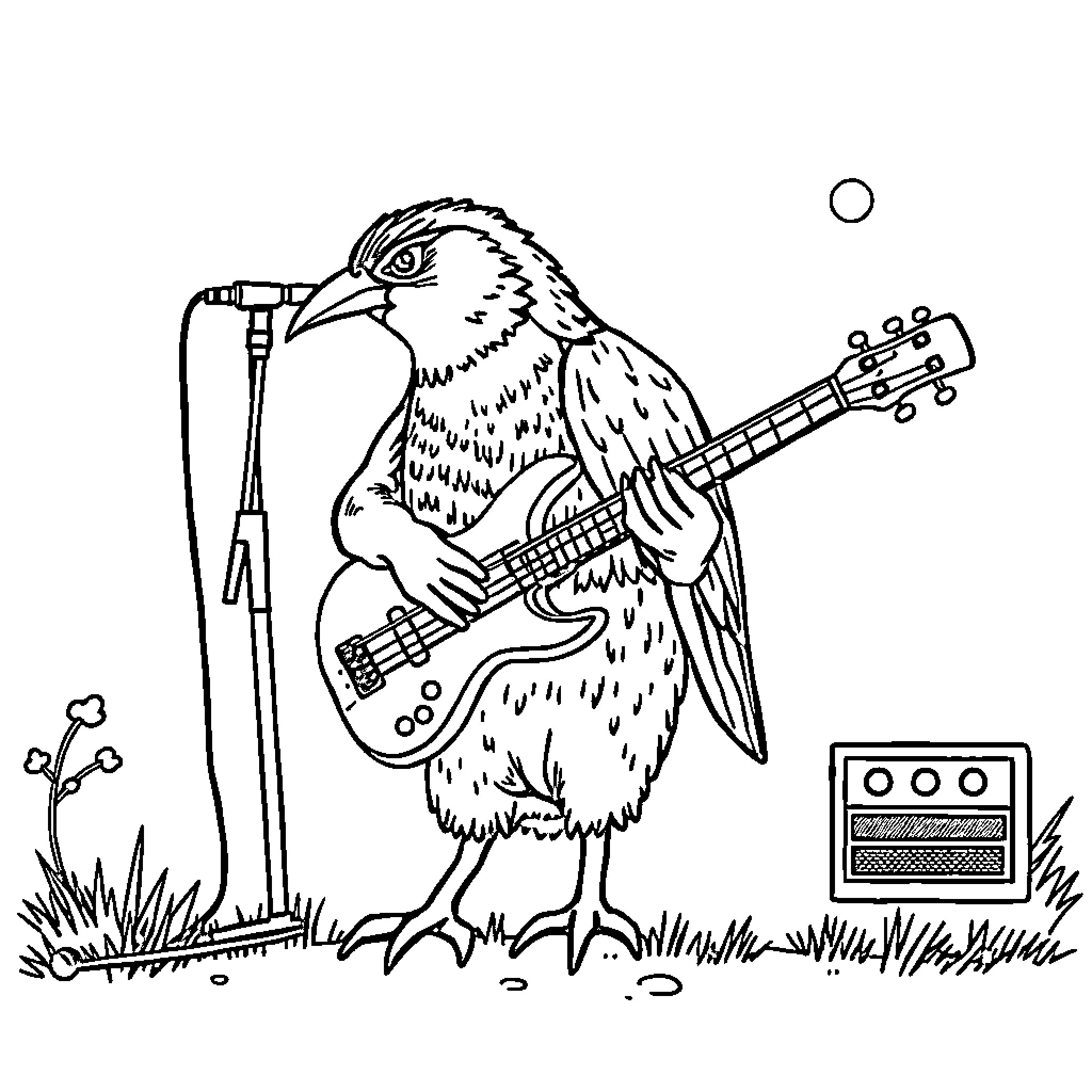 Seal Rocking Out with Guitar and Microphone Coloring Page (free black-and-white line drawing printable PDF for all, from beginners to advanced learners, including children, teens, adults, and seniors)