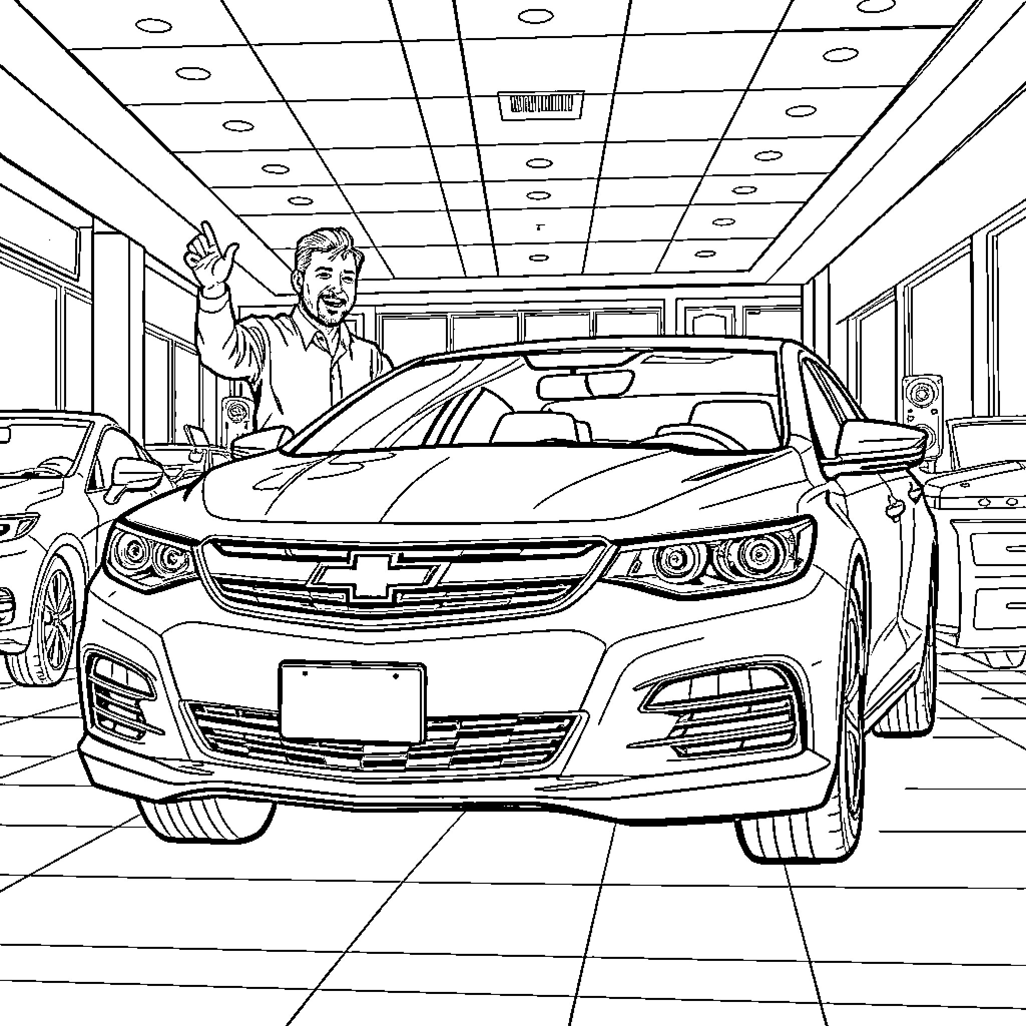 Car Salesman Enthusiastically Demonstrates Vehicle Features Coloring Page (free black-and-white line drawing printable PDF for all, from beginners to advanced learners, including children, teens, adults, and seniors)