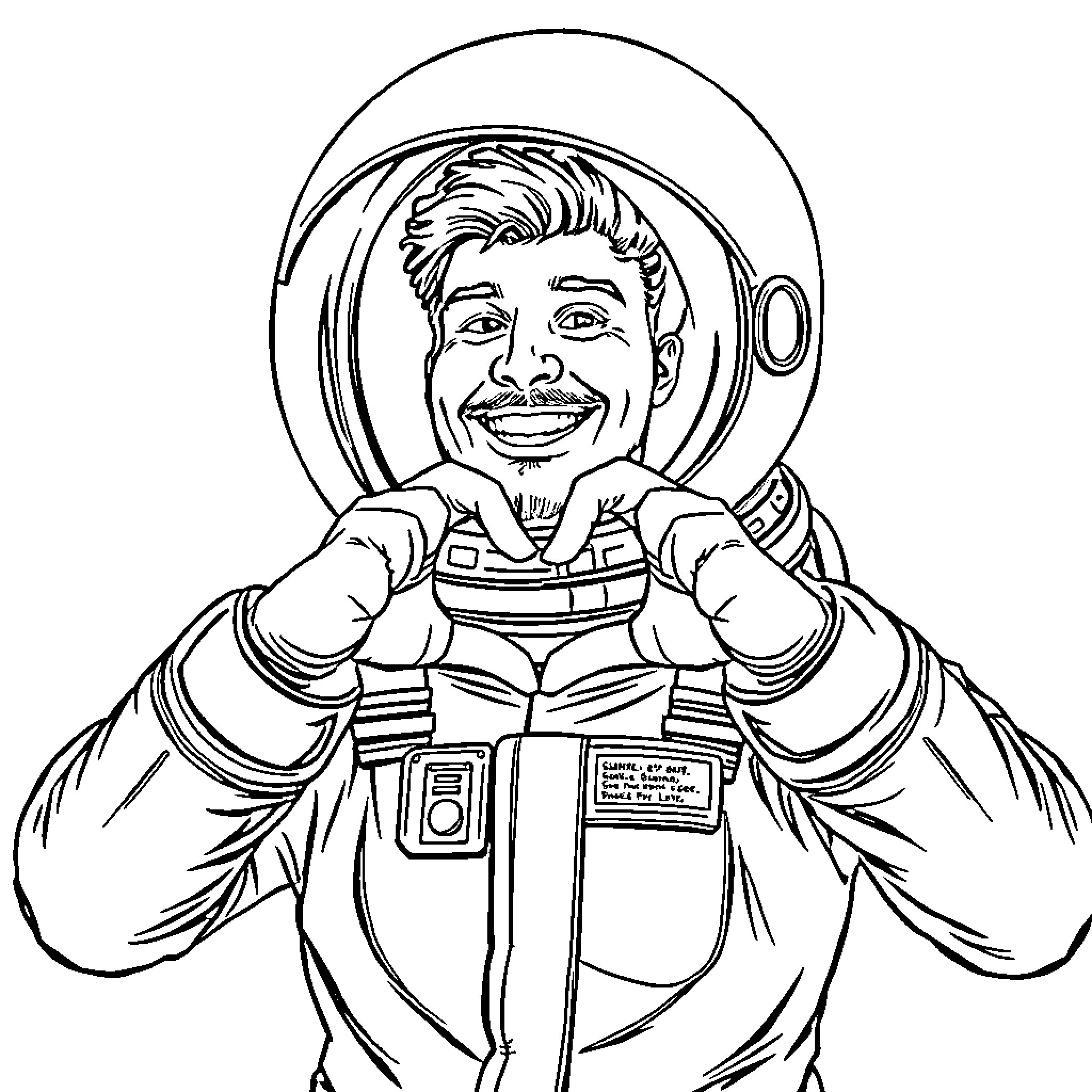 Man in a Spacesuit with a Cheerful Expression Coloring Page (free black-and-white line drawing printable PDF for all, from beginners to advanced learners, including children, teens, adults, and seniors)