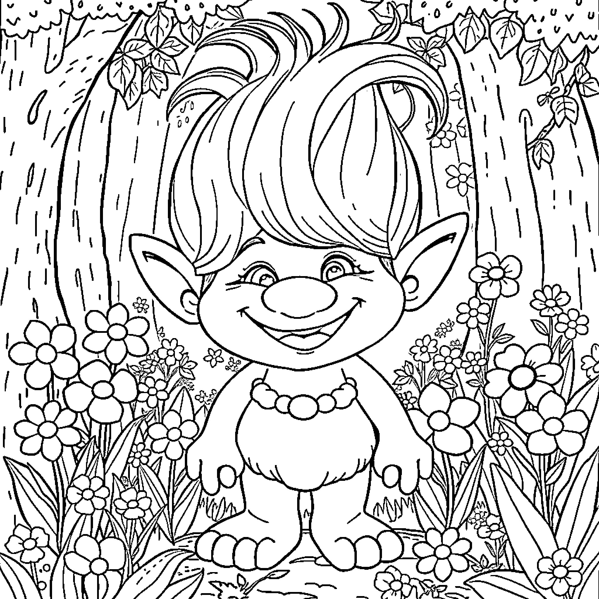 Troll smiling joyfully in a lush floral garden Coloring Page (free black-and-white line drawing printable PDF for all, from beginners to advanced learners, including children, teens, adults, and seniors)