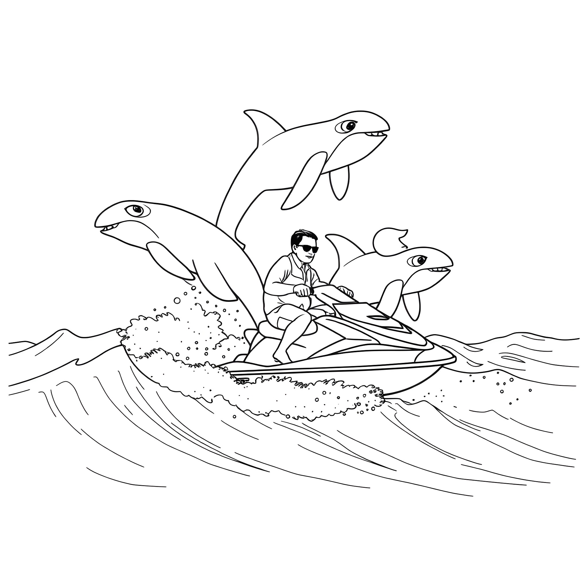 Jet Ski riding with friendly sharks in the ocean Coloring Page (free black-and-white line drawing printable PDF for all, from beginners to advanced learners, including children, teens, adults, and seniors)