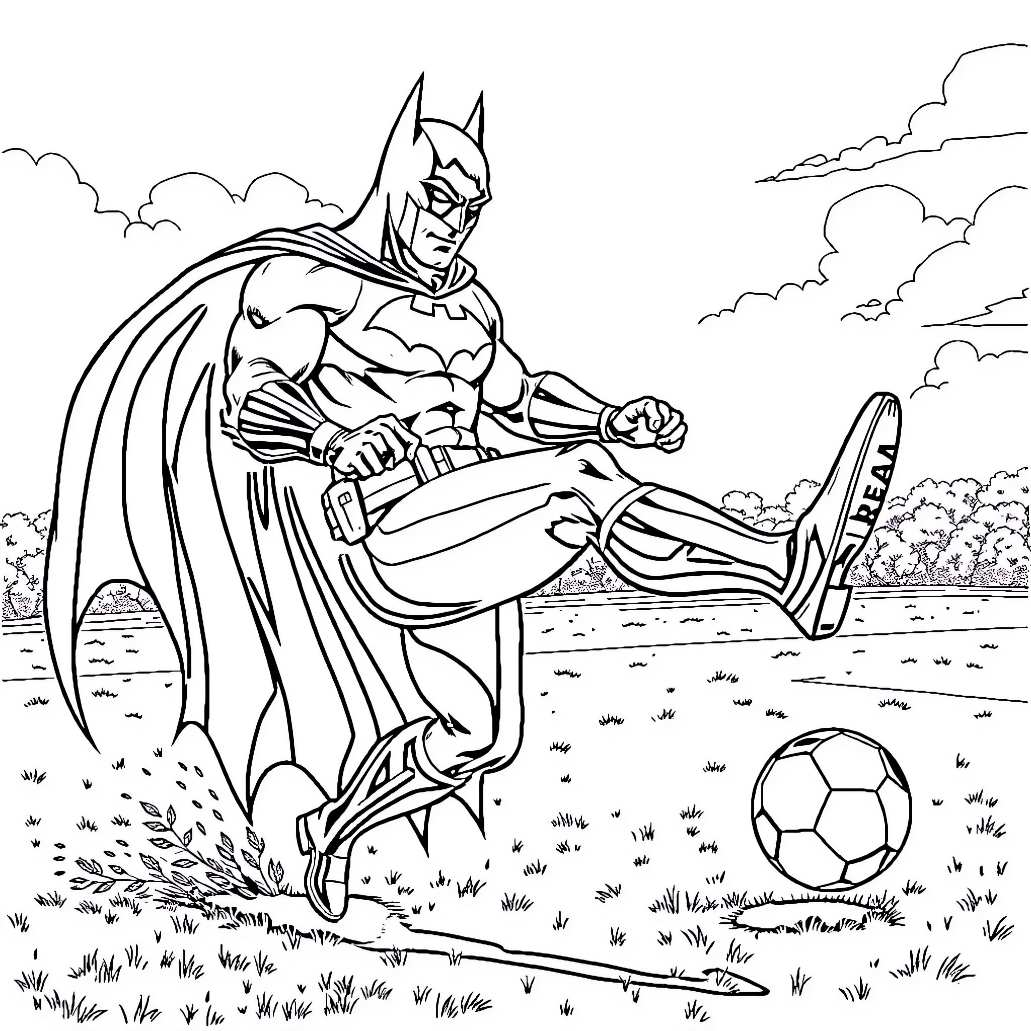 Batman kicking a soccer ball in the park Coloring Page (free black-and-white line drawing printable PDF for all, from beginners to advanced learners, including children, teens, adults, and seniors)