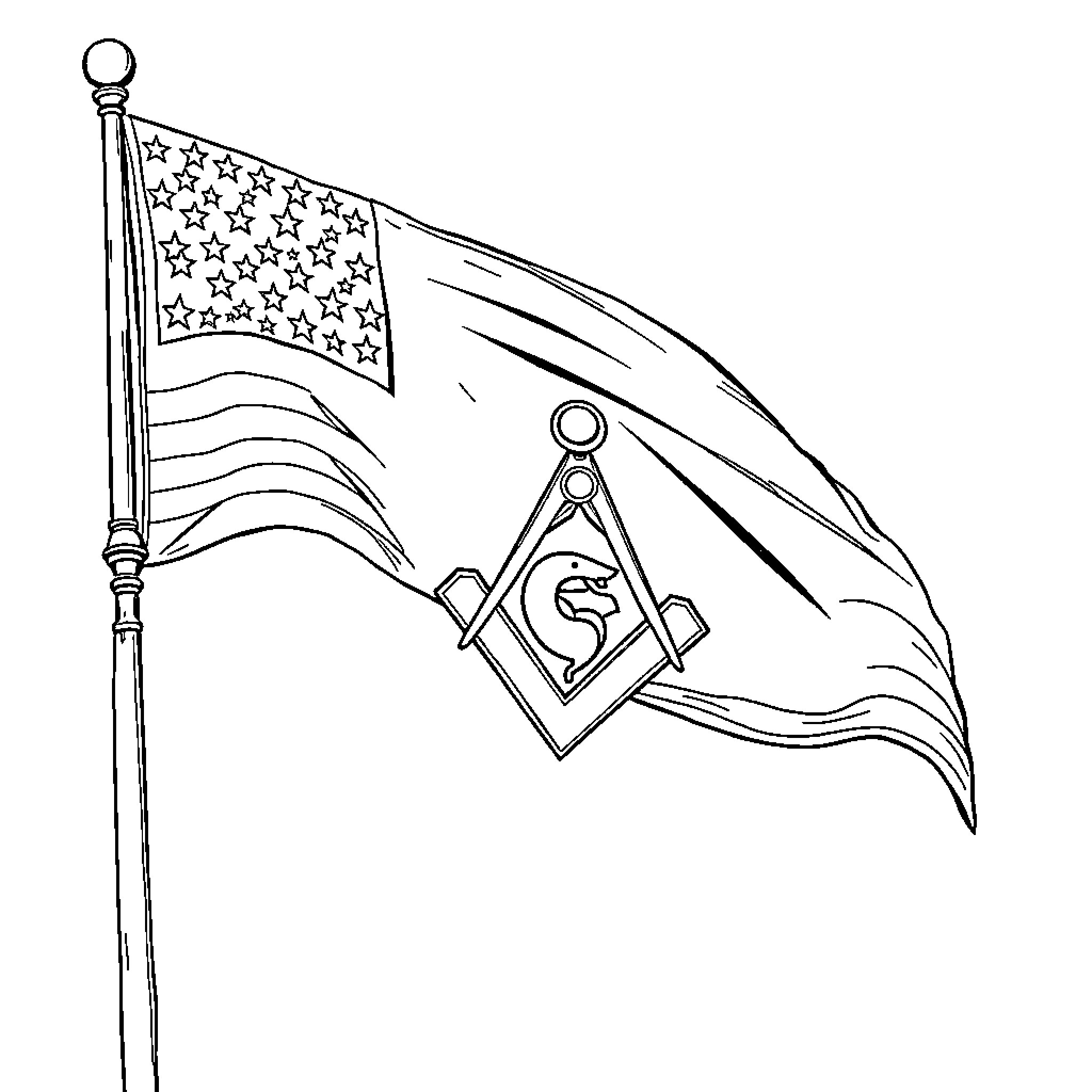 Flag displaying patriotic and fraternal symbols Coloring Page (free black-and-white line drawing printable PDF for all, from beginners to advanced learners, including children, teens, adults, and seniors)