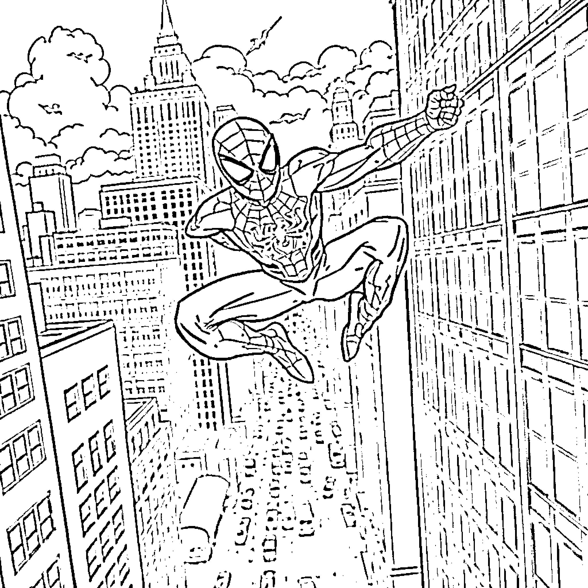 Spiderman swinging through the city skyline Coloring Page (free black-and-white line drawing printable PDF for all, from beginners to advanced learners, including children, teens, adults, and seniors)