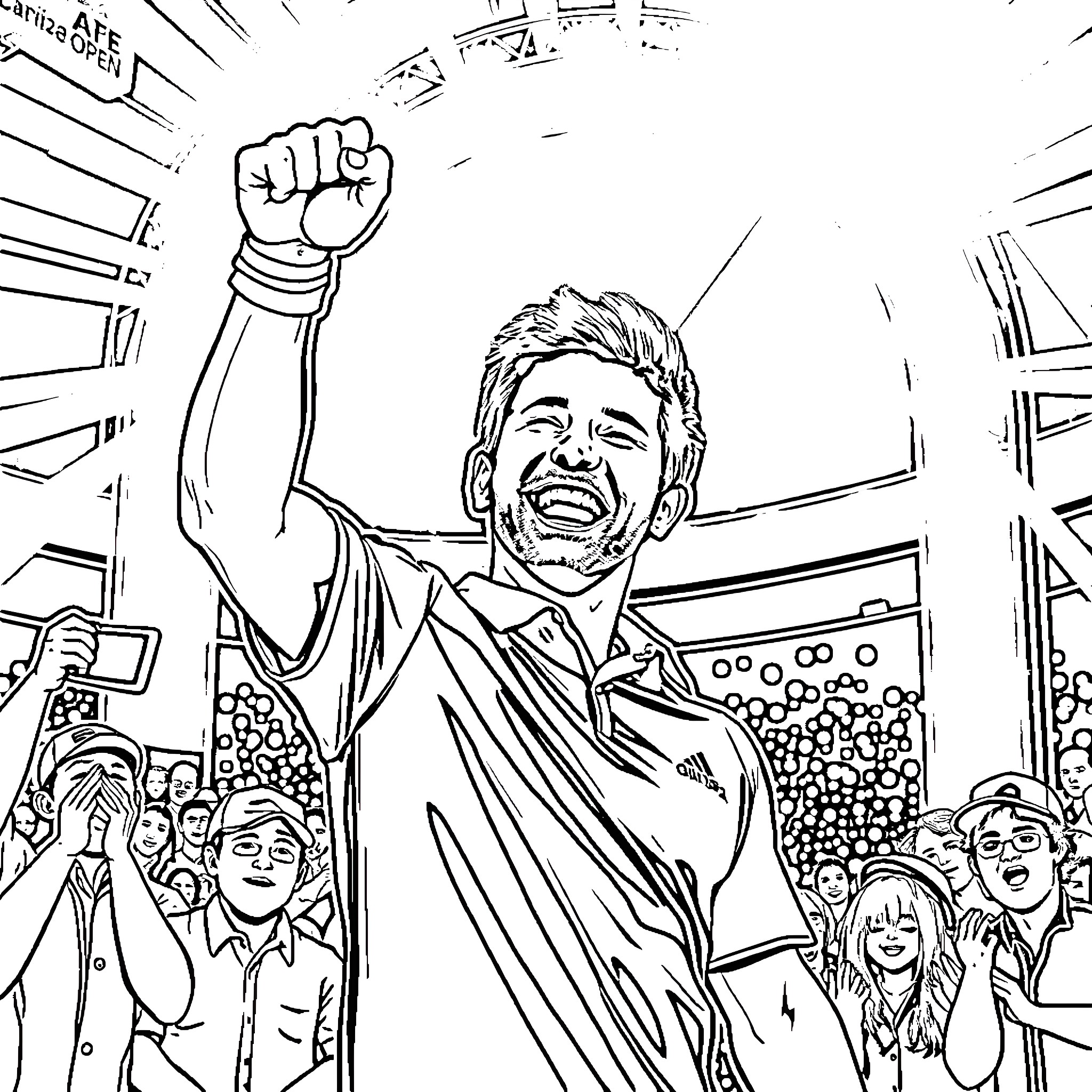 Ryan Fox celebrates victory with a crowd Coloring Page (free black-and-white line drawing printable PDF for all, from beginners to advanced learners, including children, teens, adults, and seniors)