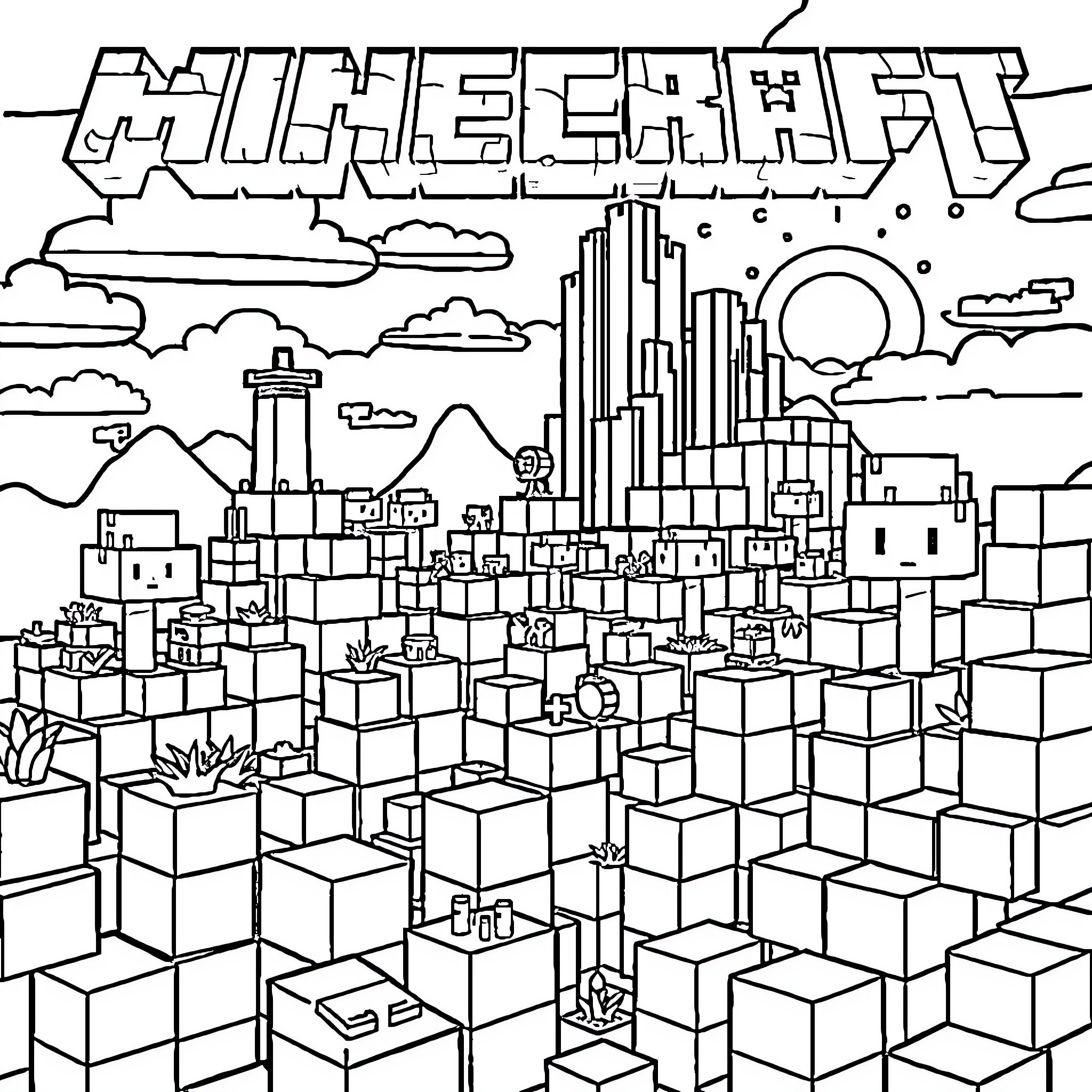 Minecraft city skyline with clouds and sun Coloring Page (free black-and-white line drawing printable PDF for all, from beginners to advanced learners, including children, teens, adults, and seniors)