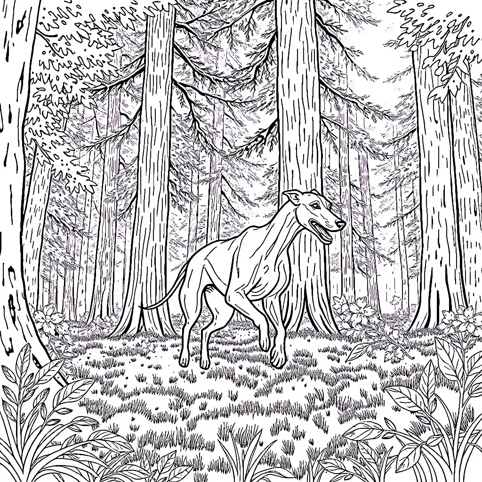 Greyhound exploring the enchanted forest Coloring Page (free black-and-white line drawing printable PDF for all, from beginners to advanced learners, including children, teens, adults, and seniors)