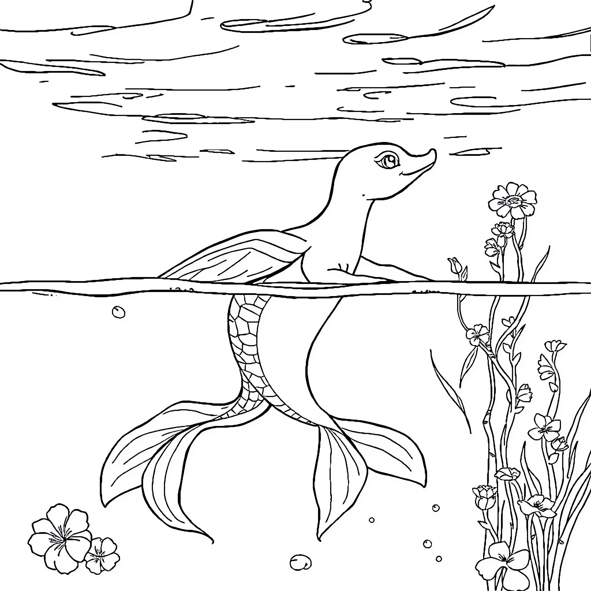 Mermaid swimming gracefully underwater with marine flora Coloring Page (free black-and-white line drawing printable PDF for all, from beginners to advanced learners, including children, teens, adults, and seniors)