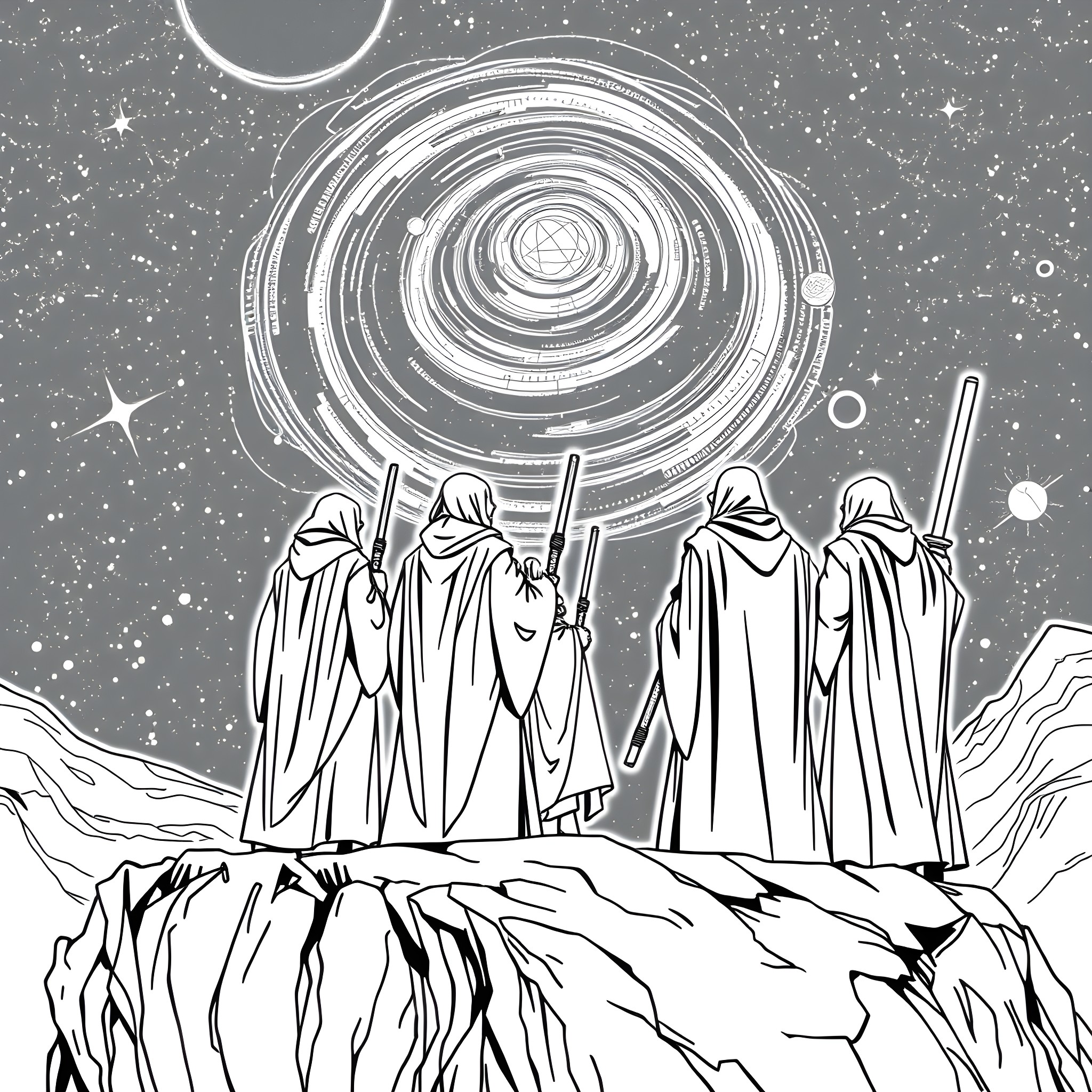 Jedi Knights Contemplate the Force Coloring Page (free black-and-white line drawing printable PDF for all, from beginners to advanced learners, including children, teens, adults, and seniors)