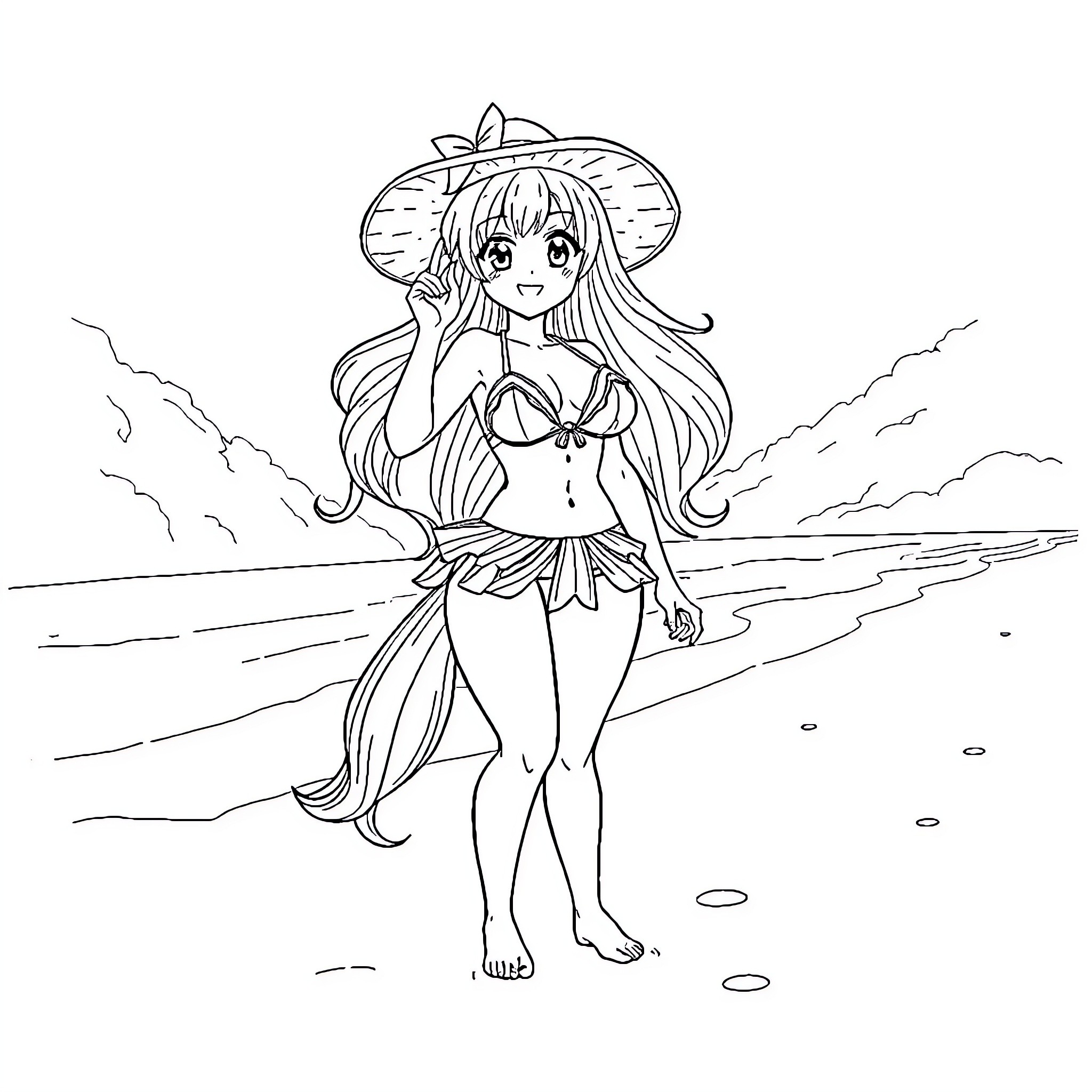 Ship with Anime Girl on the Beach Coloring Page (free black-and-white line drawing printable PDF for all, from beginners to advanced learners, including children, teens, adults, and seniors)