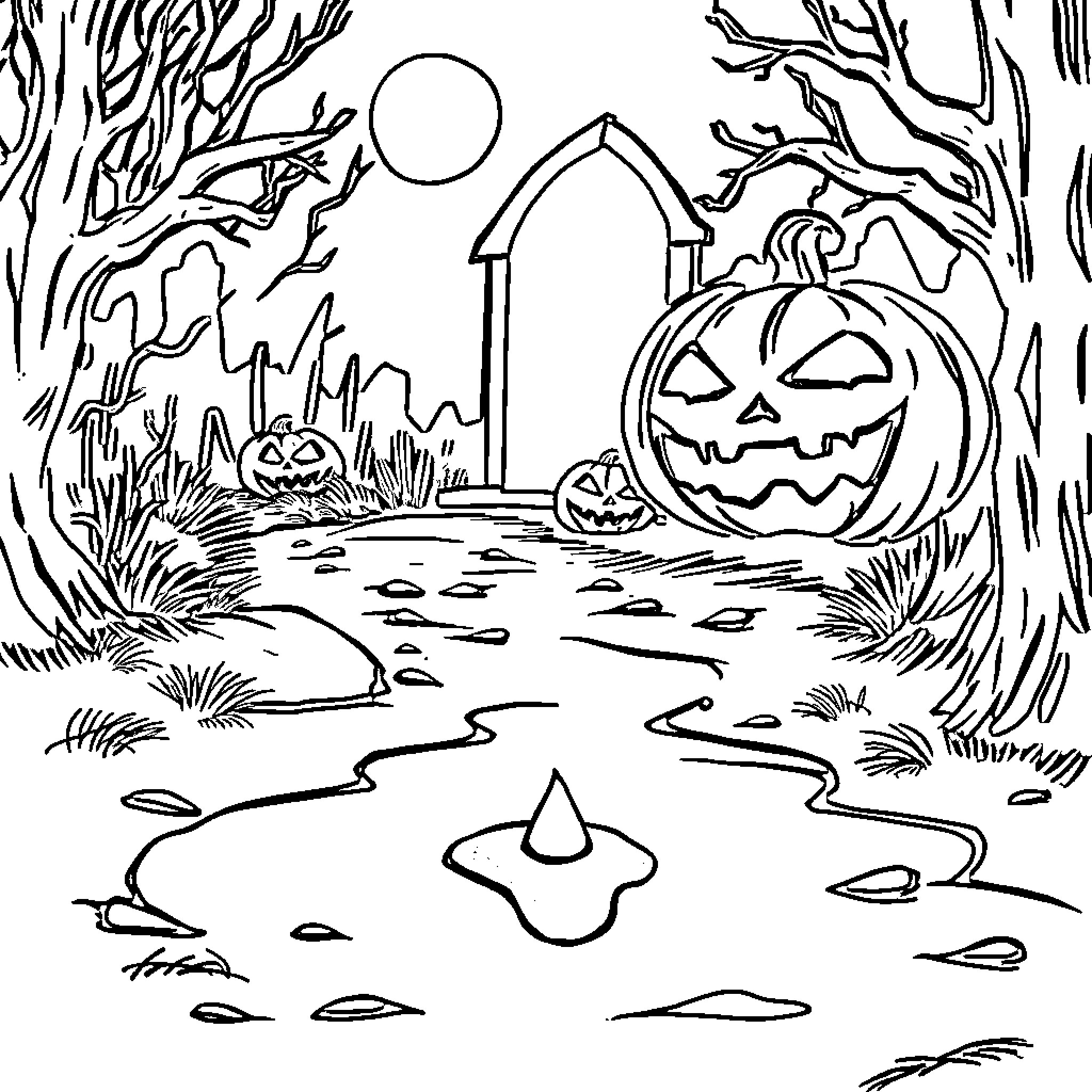 Blood Drop Halloween Pumpkins in Haunted Woods Coloring Page (free black-and-white line drawing printable PDF for all, from beginners to advanced learners, including children, teens, adults, and seniors)