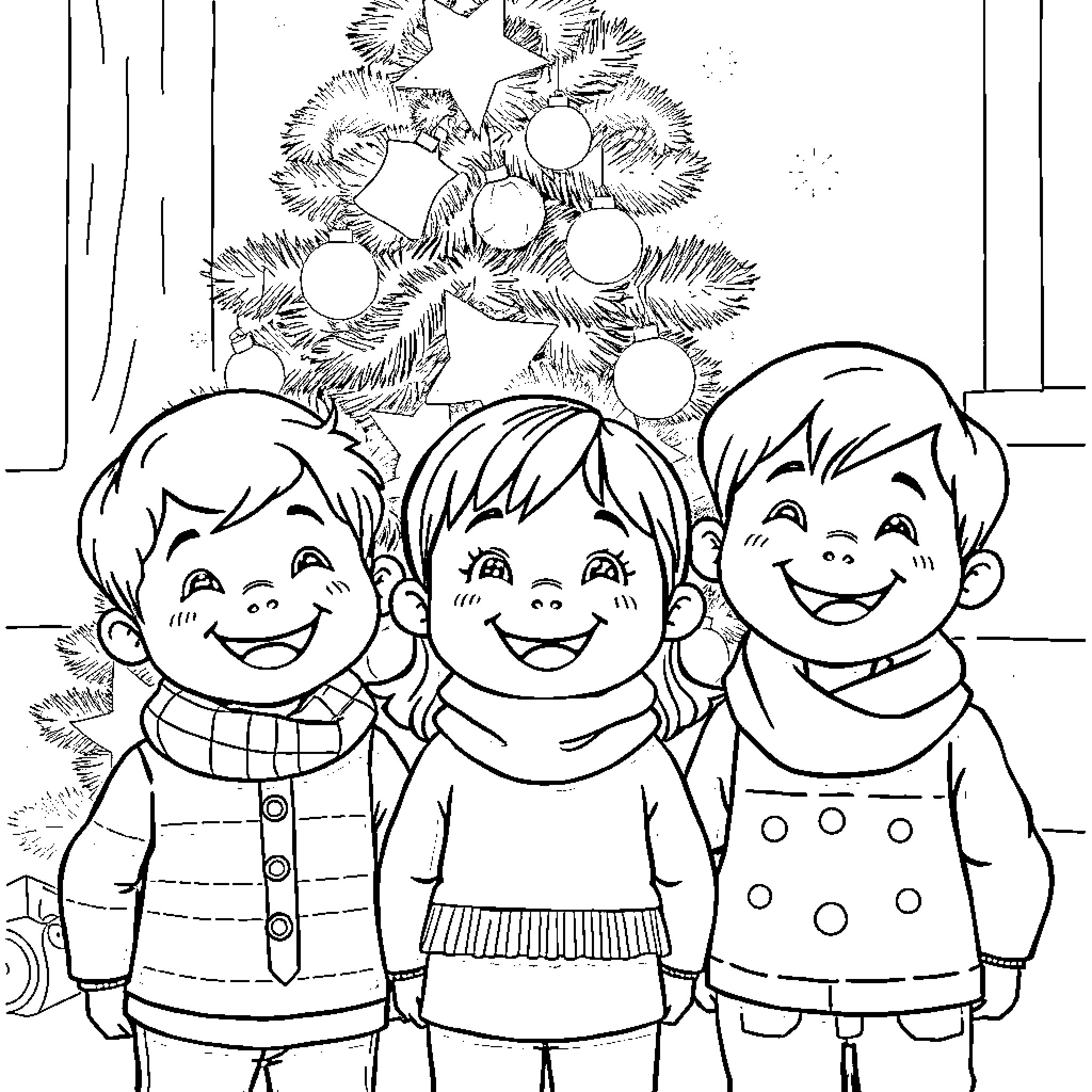 Child enjoying Christmas decorations with friends Coloring Page (free black-and-white line drawing printable PDF for all, from beginners to advanced learners, including children, teens, adults, and seniors)
