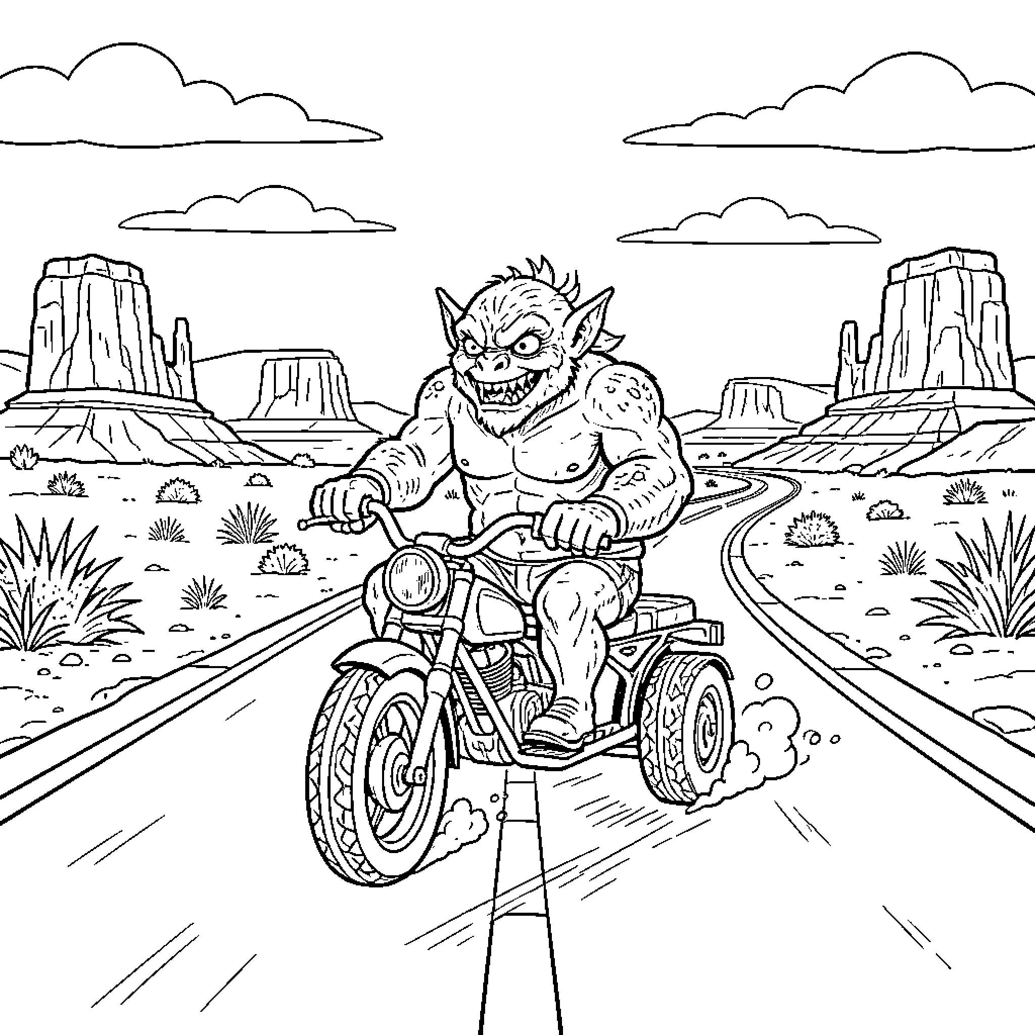 Monster riding a motorcycle through a desert landscape Coloring Page (free black-and-white line drawing printable PDF for all, from beginners to advanced learners, including children, teens, adults, and seniors)