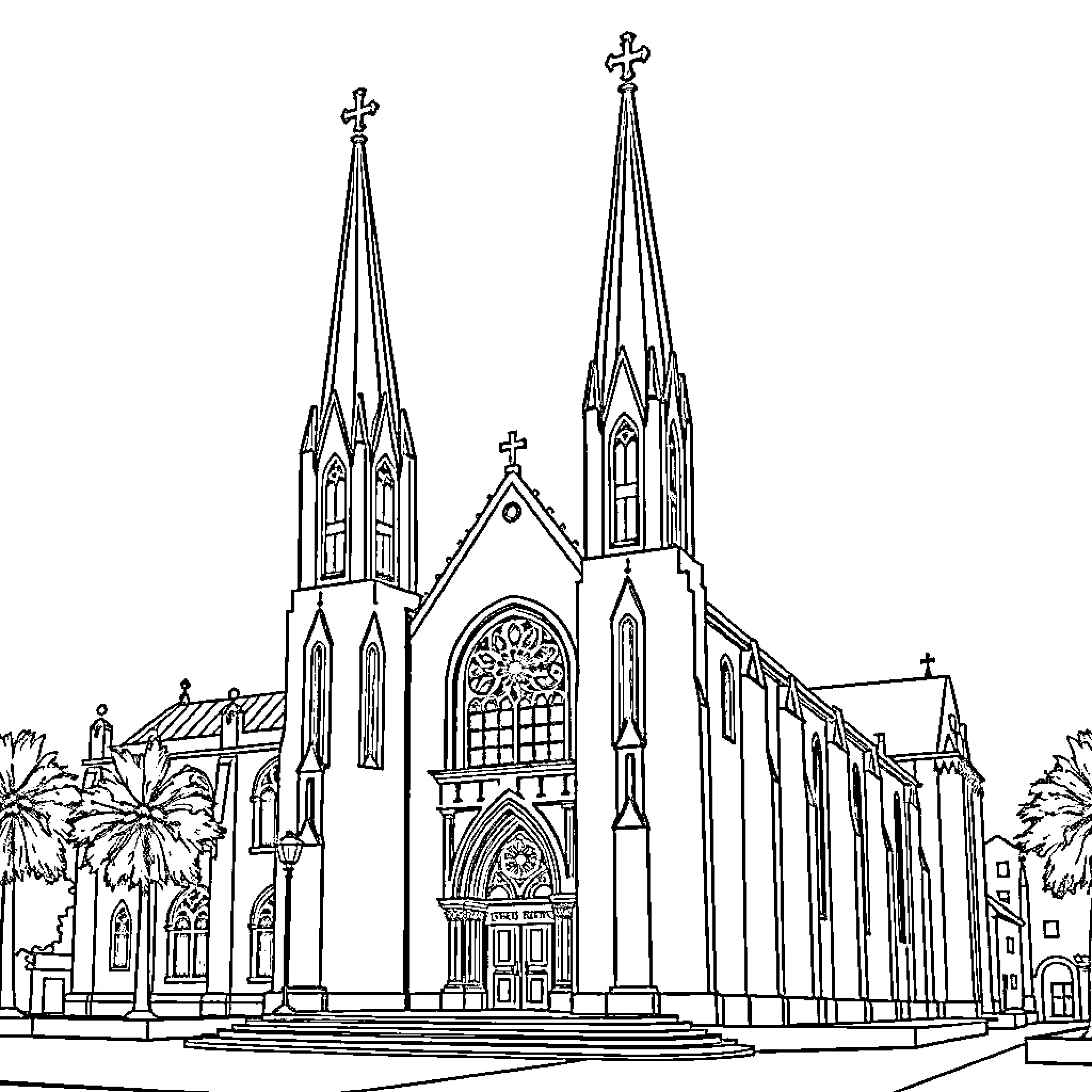 St. Carlos' Gothic Cathedral with Ornate Spires Coloring Page (free black-and-white line drawing printable PDF for all, from beginners to advanced learners, including children, teens, adults, and seniors)
