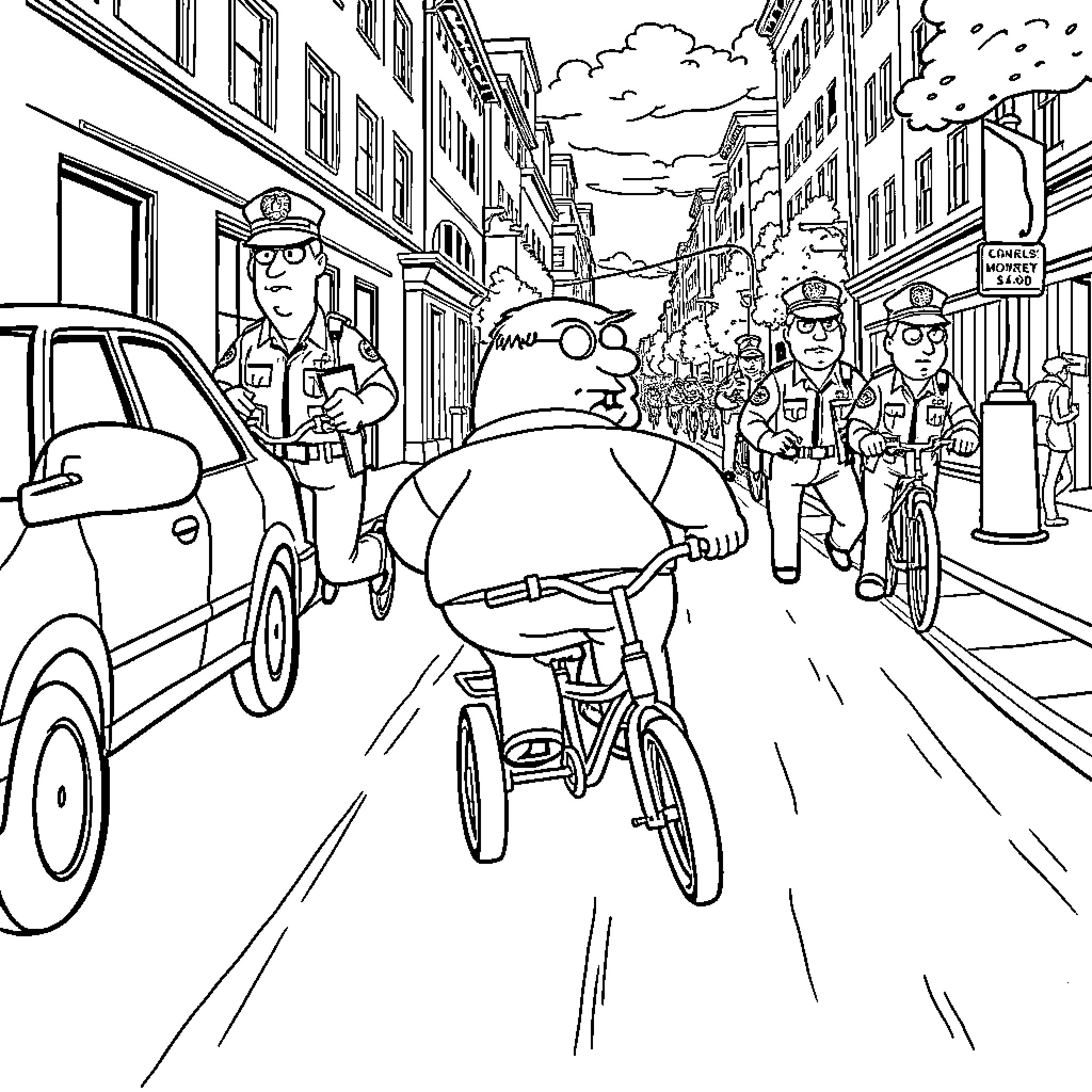 Peter Griffin's Comical Bike Ride Through the City Coloring Page (free black-and-white line drawing printable PDF for all, from beginners to advanced learners, including children, teens, adults, and seniors)