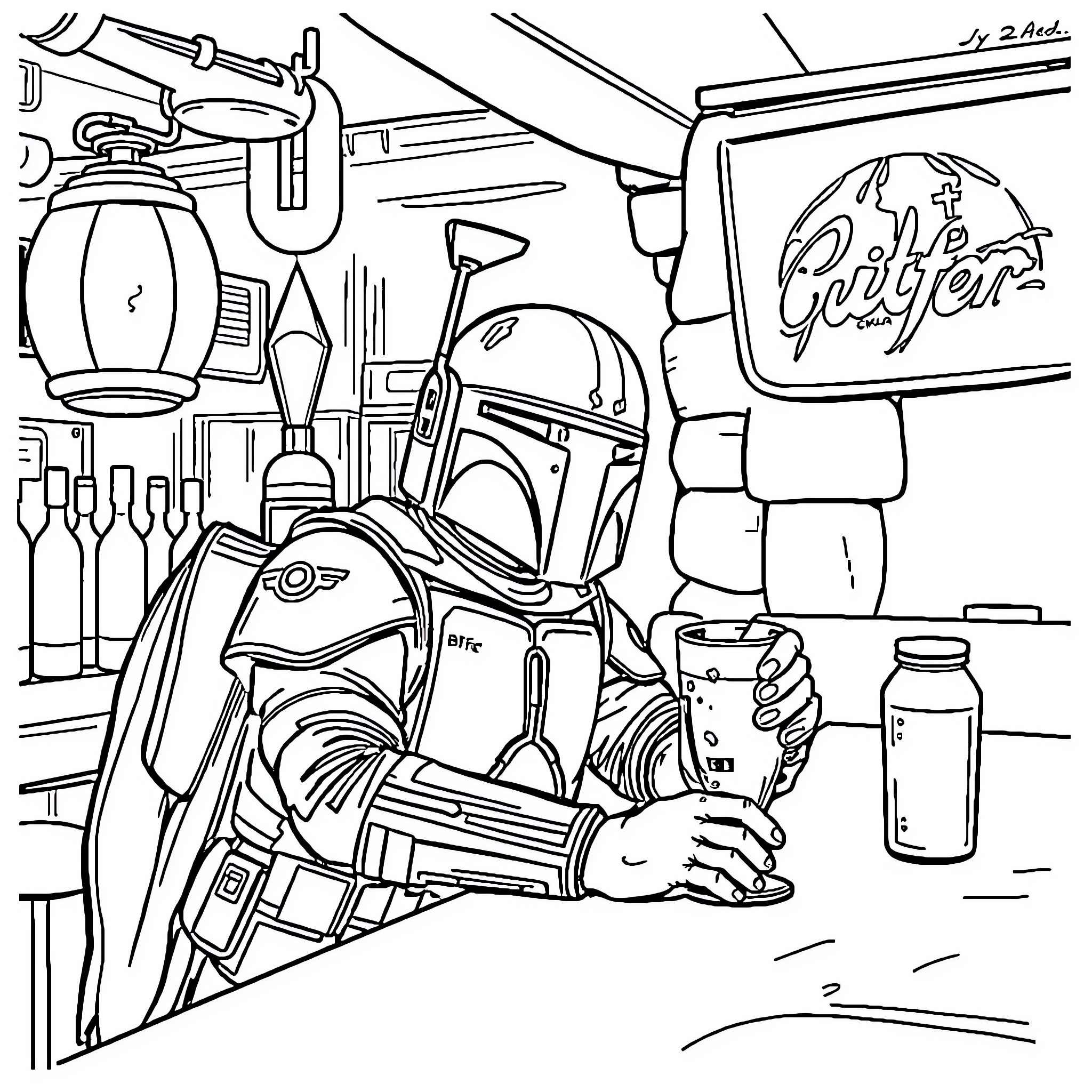 Boba Fett visiting a galactic watering hole Coloring Page (free black-and-white line drawing printable PDF for all, from beginners to advanced learners, including children, teens, adults, and seniors)