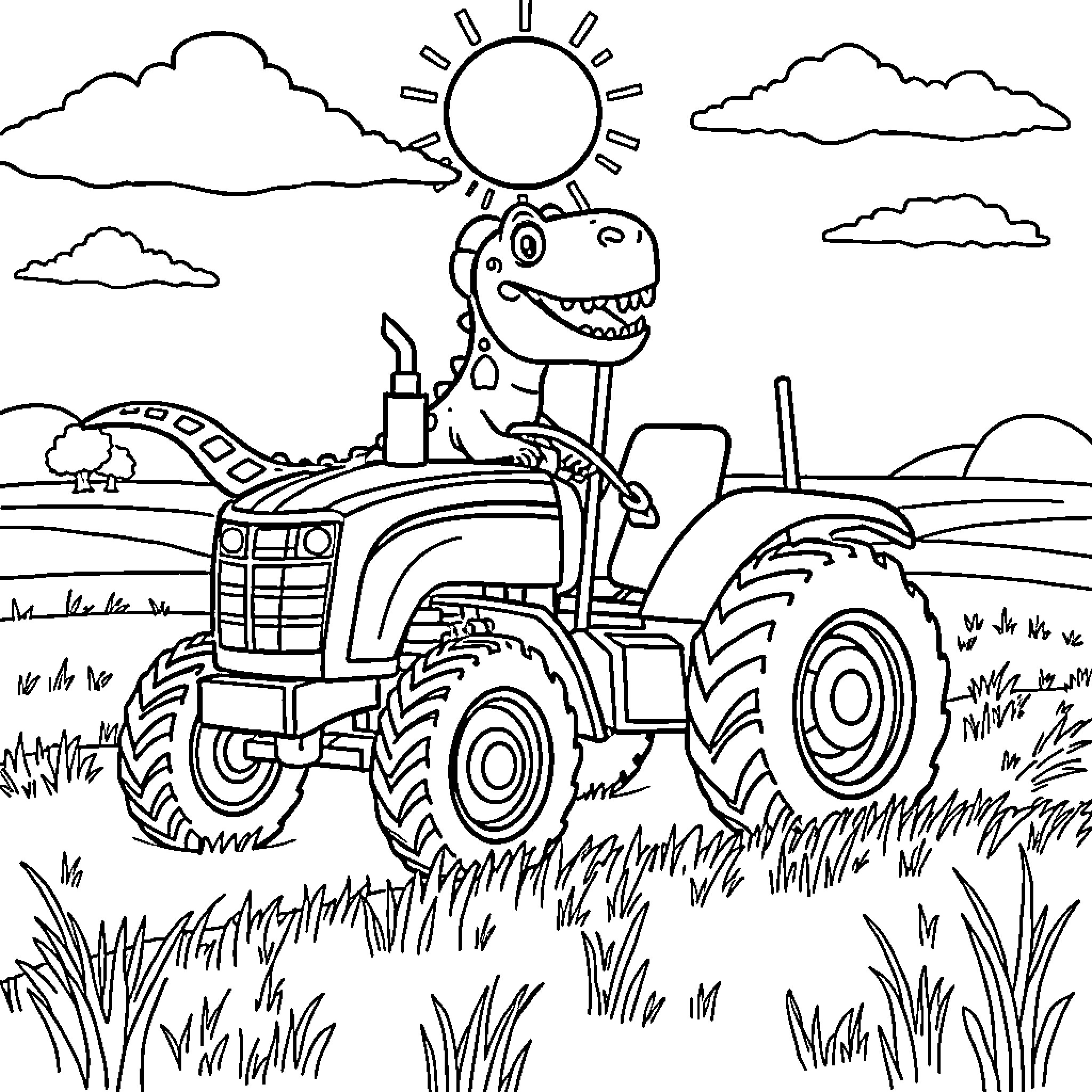 Dinosaur driving a tractor on a sunny farm Coloring Page (free black-and-white line drawing printable PDF for all, from beginners to advanced learners, including children, teens, adults, and seniors)
