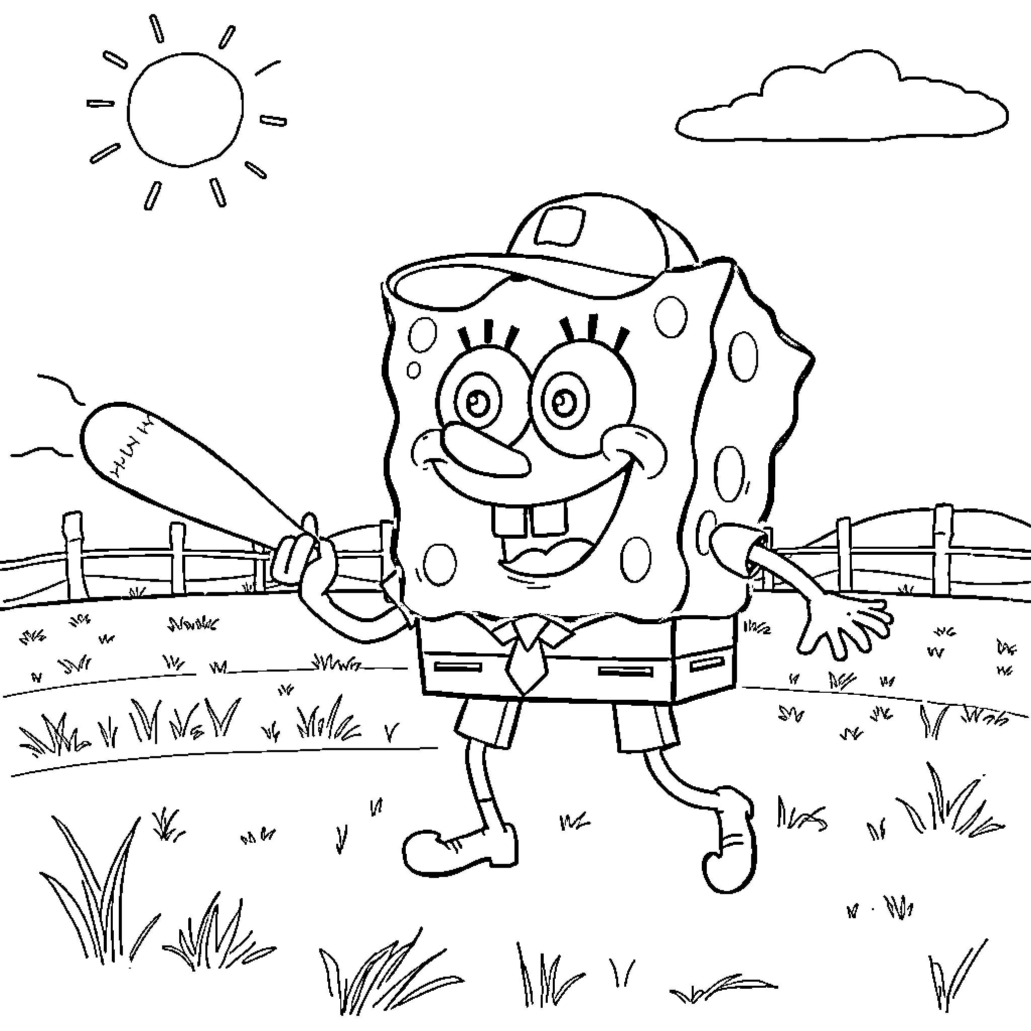 Spongebob happily exploring the outdoors Coloring Page (free black-and-white line drawing printable PDF for all, from beginners to advanced learners, including children, teens, adults, and seniors)