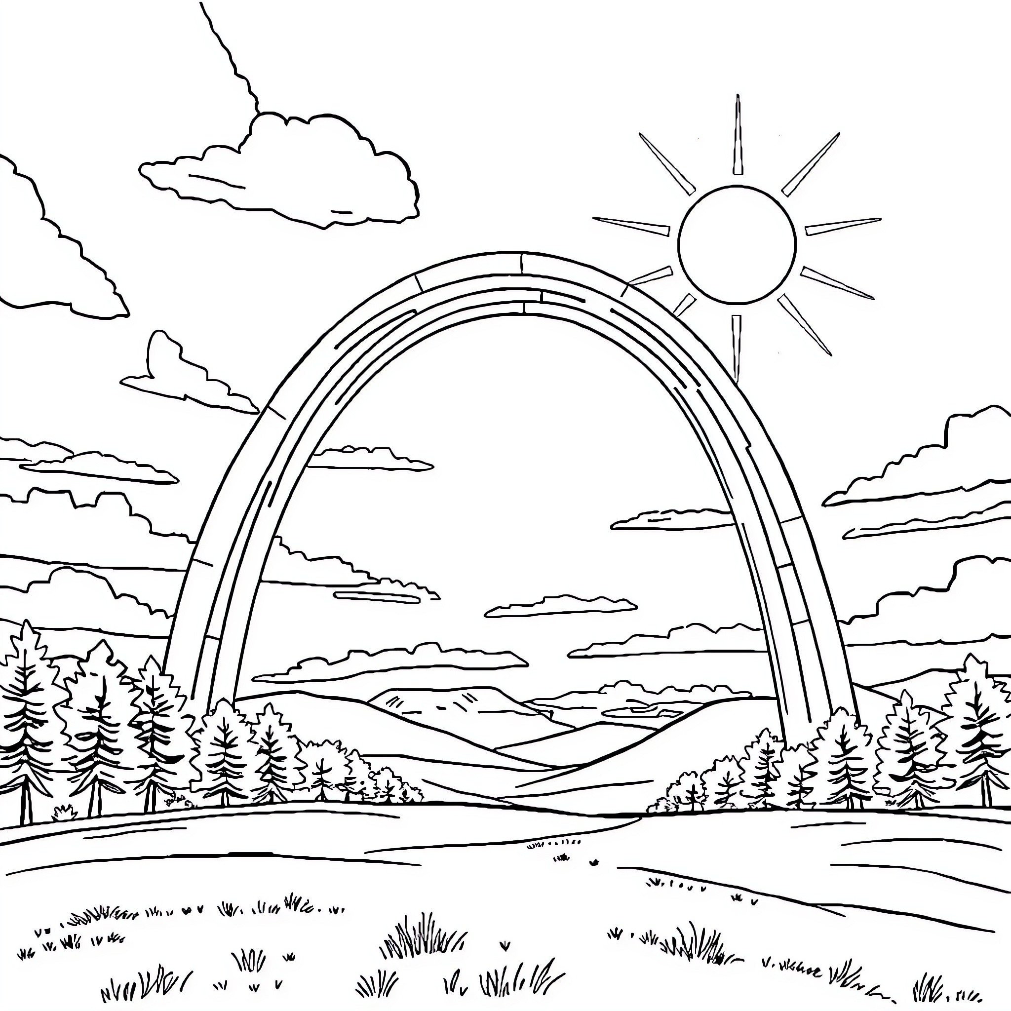 Rainbow Arch over Serene Landscape Coloring Page (free black-and-white line drawing printable PDF for all, from beginners to advanced learners, including children, teens, adults, and seniors)