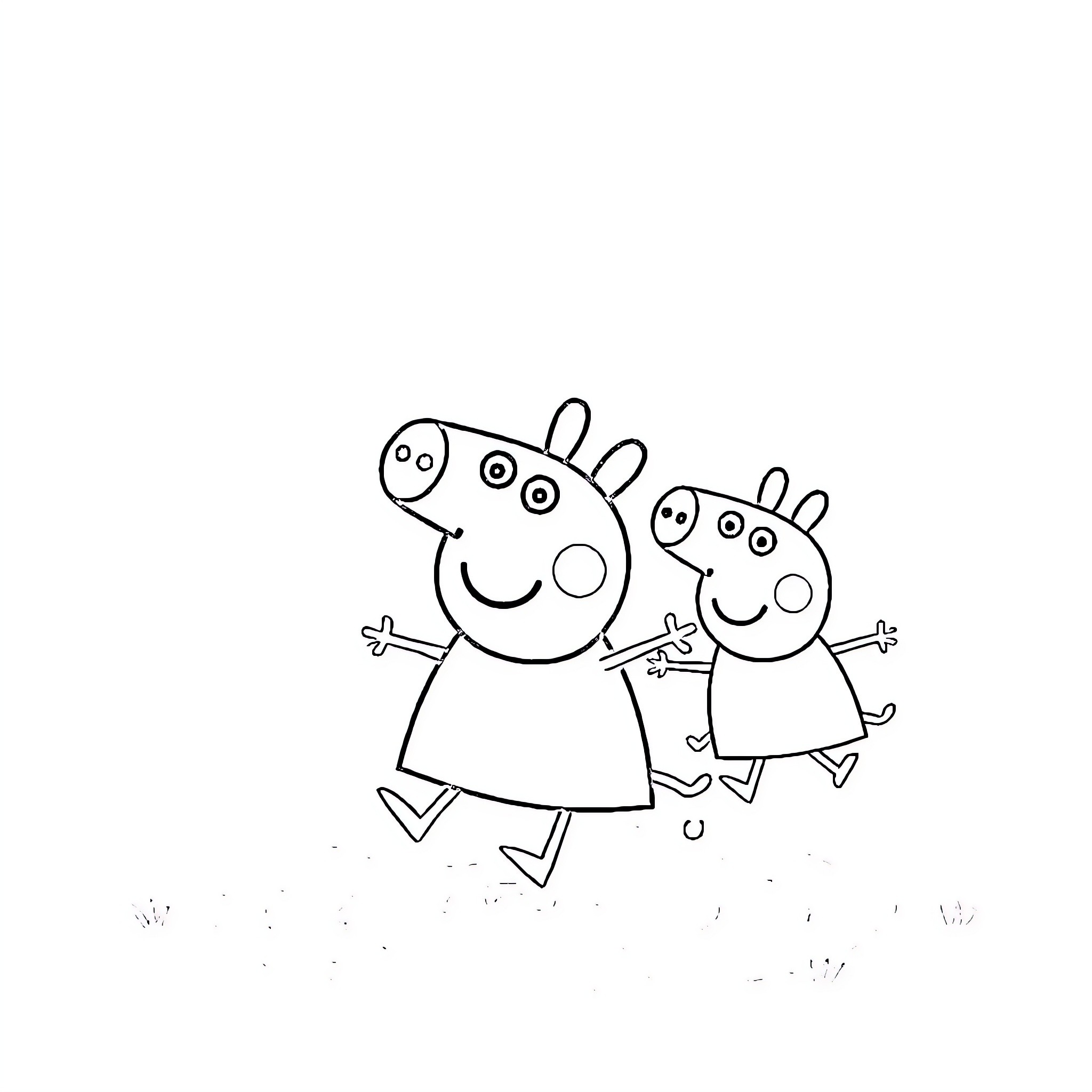 Peppa Pig and her friend playing together Coloring Page (free black-and-white line drawing printable PDF for all, from beginners to advanced learners, including children, teens, adults, and seniors)