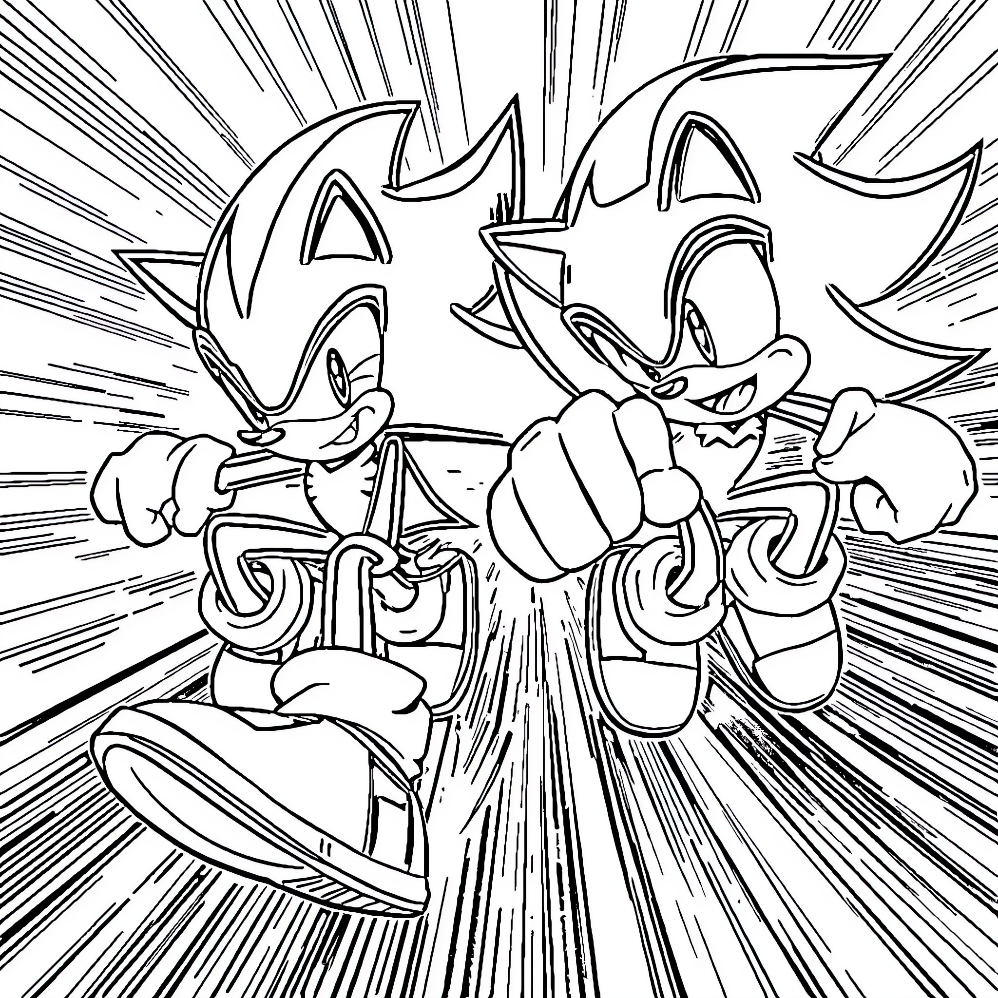 Sonic characters in action-packed animation style Coloring Page (free black-and-white line drawing printable PDF for all, from beginners to advanced learners, including children, teens, adults, and seniors)