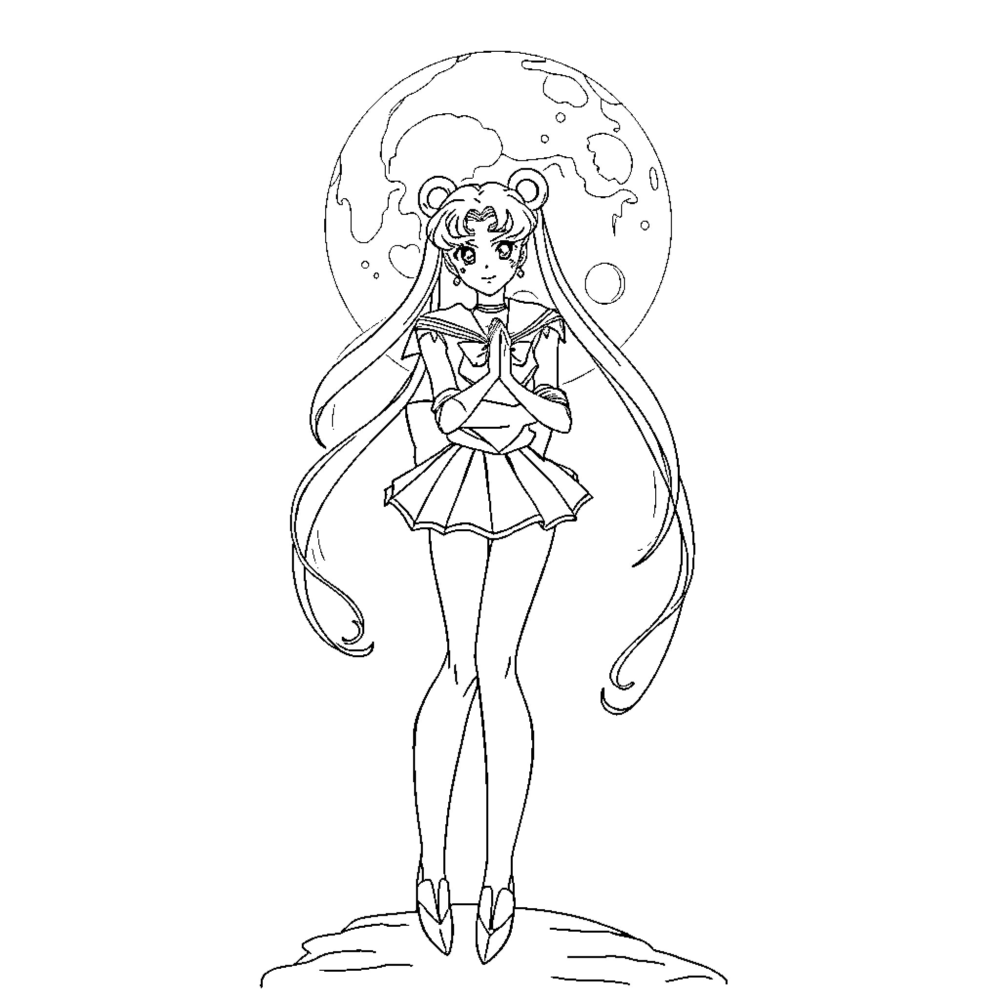 Sailor Moon Anime Character in Magical Pose Coloring Page (free black-and-white line drawing printable PDF for all, from beginners to advanced learners, including children, teens, adults, and seniors)