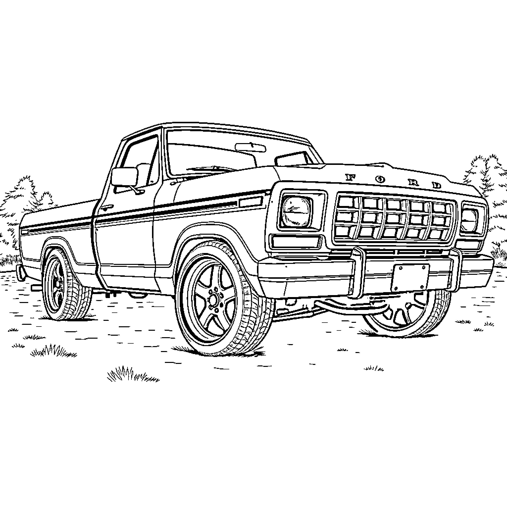 Ford pickup truck in outdoor scene Coloring Page (free black-and-white line drawing printable PDF for all, from beginners to advanced learners, including children, teens, adults, and seniors)