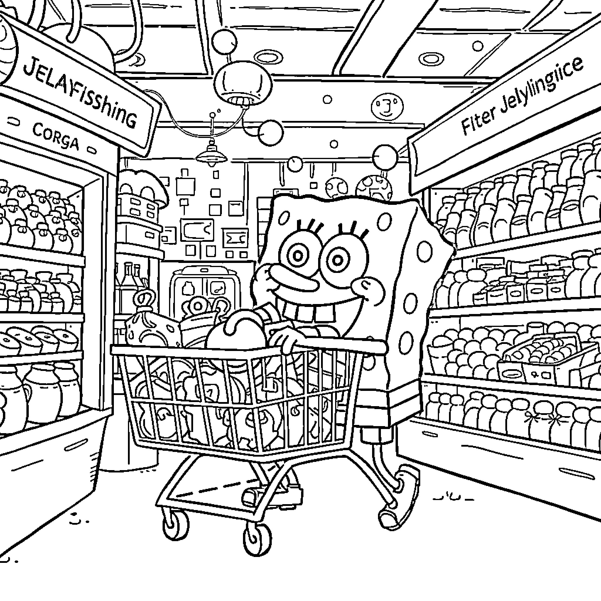 Spongebob shopping happily in the grocery store Coloring Page (free black-and-white line drawing printable PDF for all, from beginners to advanced learners, including children, teens, adults, and seniors)