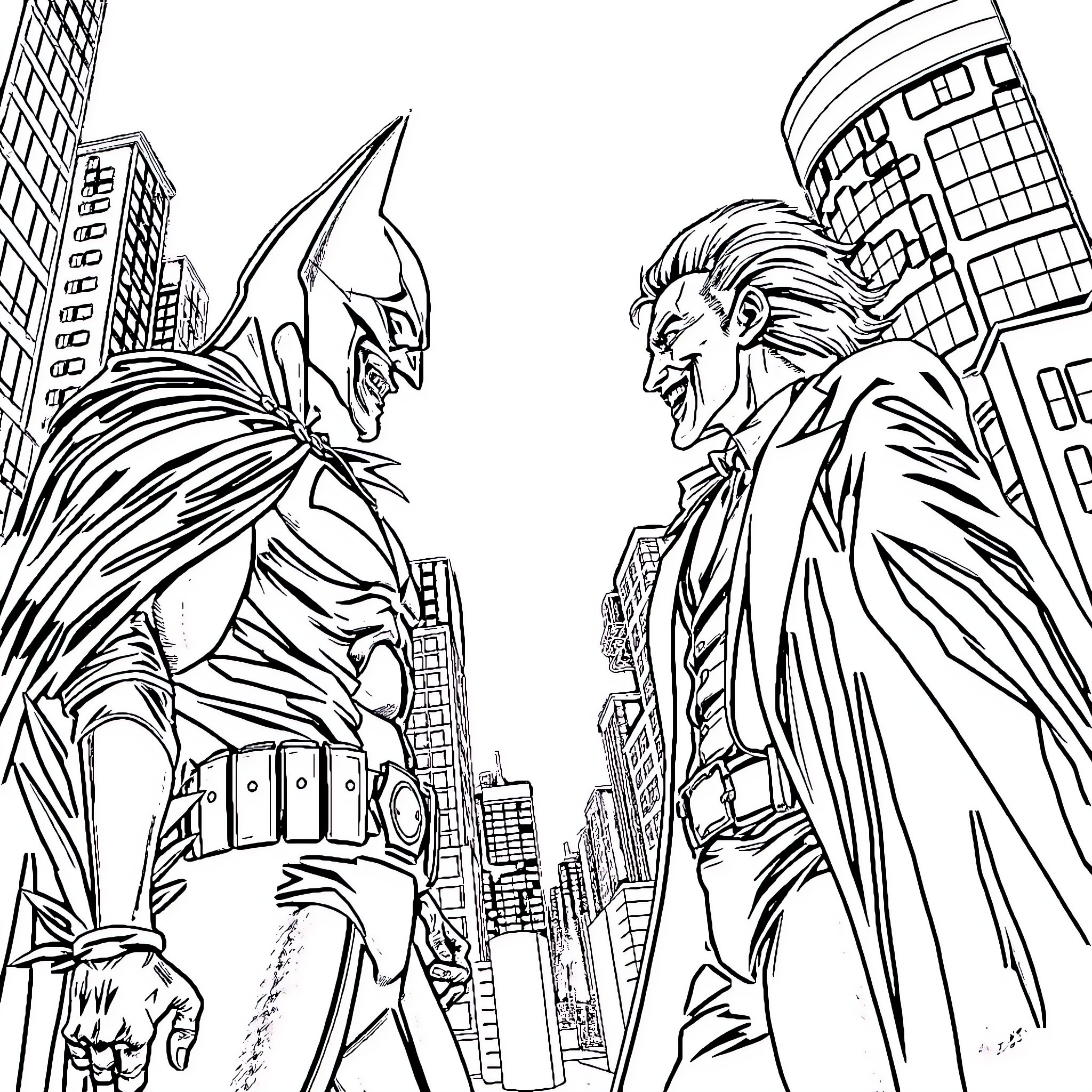 Batman confronts the Joker in the city Coloring Page (free black-and-white line drawing printable PDF for all, from beginners to advanced learners, including children, teens, adults, and seniors)