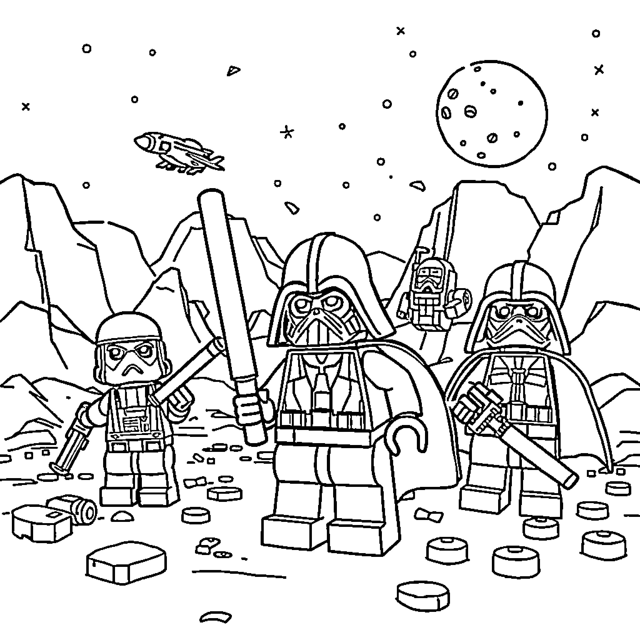 Lego Star Wars characters exploring an alien planet Coloring Page (free black-and-white line drawing printable PDF for all, from beginners to advanced learners, including children, teens, adults, and seniors)