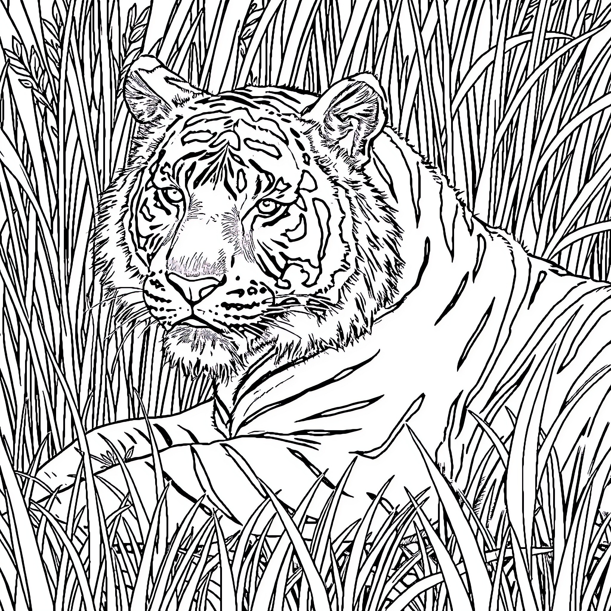Tiger Prowling Through Tall Grass Coloring Page (free black-and-white line drawing printable PDF for all, from beginners to advanced learners, including children, teens, adults, and seniors)