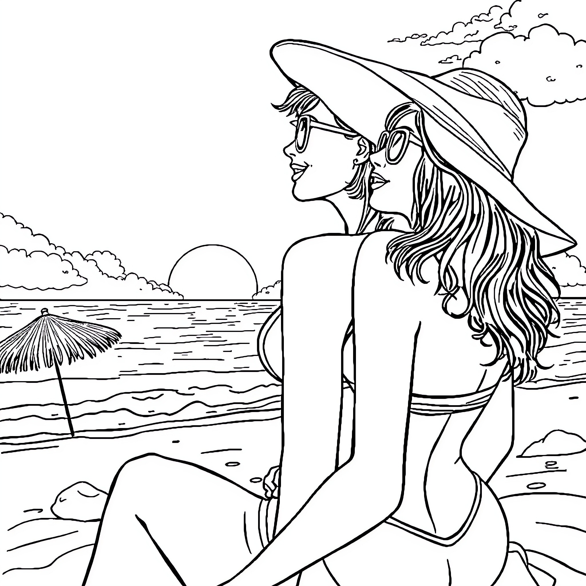 Lesbian couple enjoying the sunset at the beach Coloring Page (free black-and-white line drawing printable PDF for all, from beginners to advanced learners, including children, teens, adults, and seniors)
