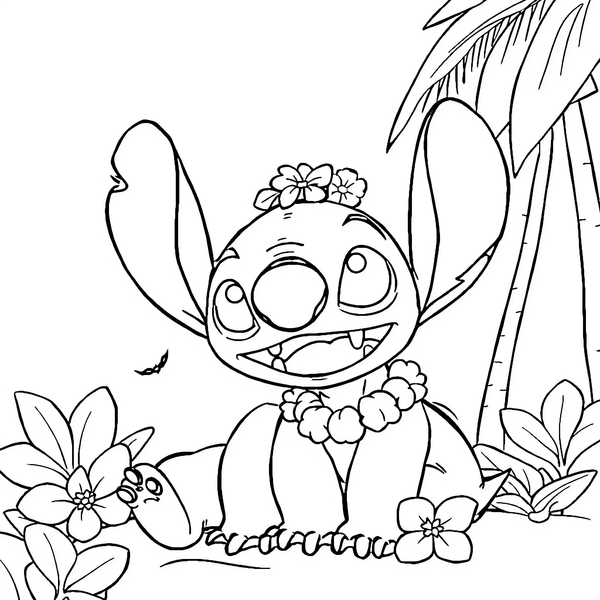 Lilo And Stitch Enjoying Nature Surrounded by Flowers Coloring Page (free black-and-white line drawing printable PDF for all, from beginners to advanced learners, including children, teens, adults, and seniors)