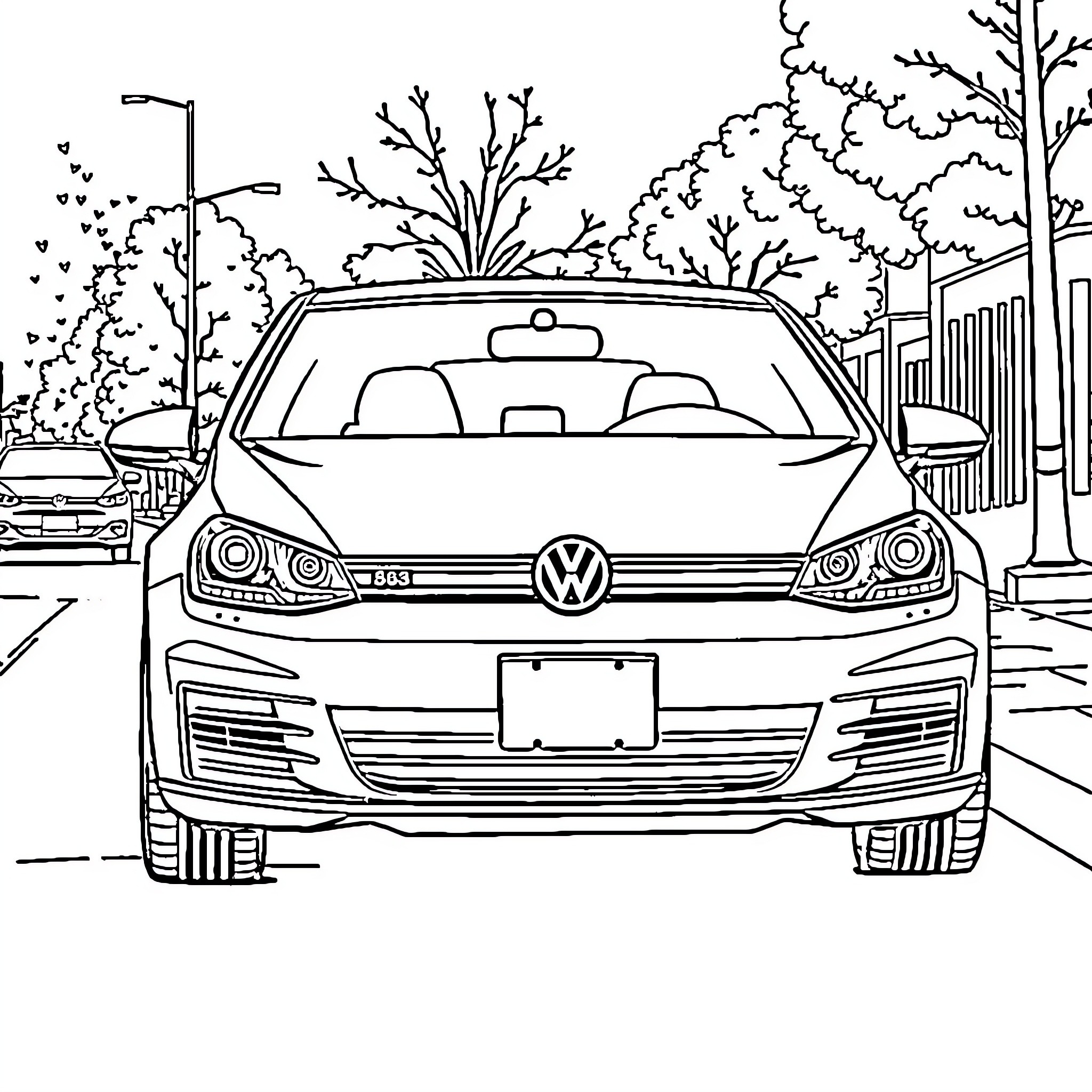 Volkswagen car driving along scenic street Coloring Page (free black-and-white line drawing printable PDF for all, from beginners to advanced learners, including children, teens, adults, and seniors)