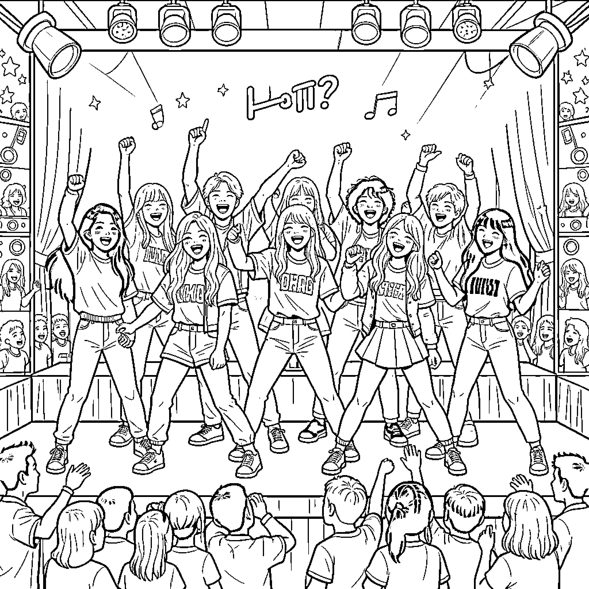 Kpop group performing energetically on stage for fans Coloring Page (free black-and-white line drawing printable PDF for all, from beginners to advanced learners, including children, teens, adults, and seniors)