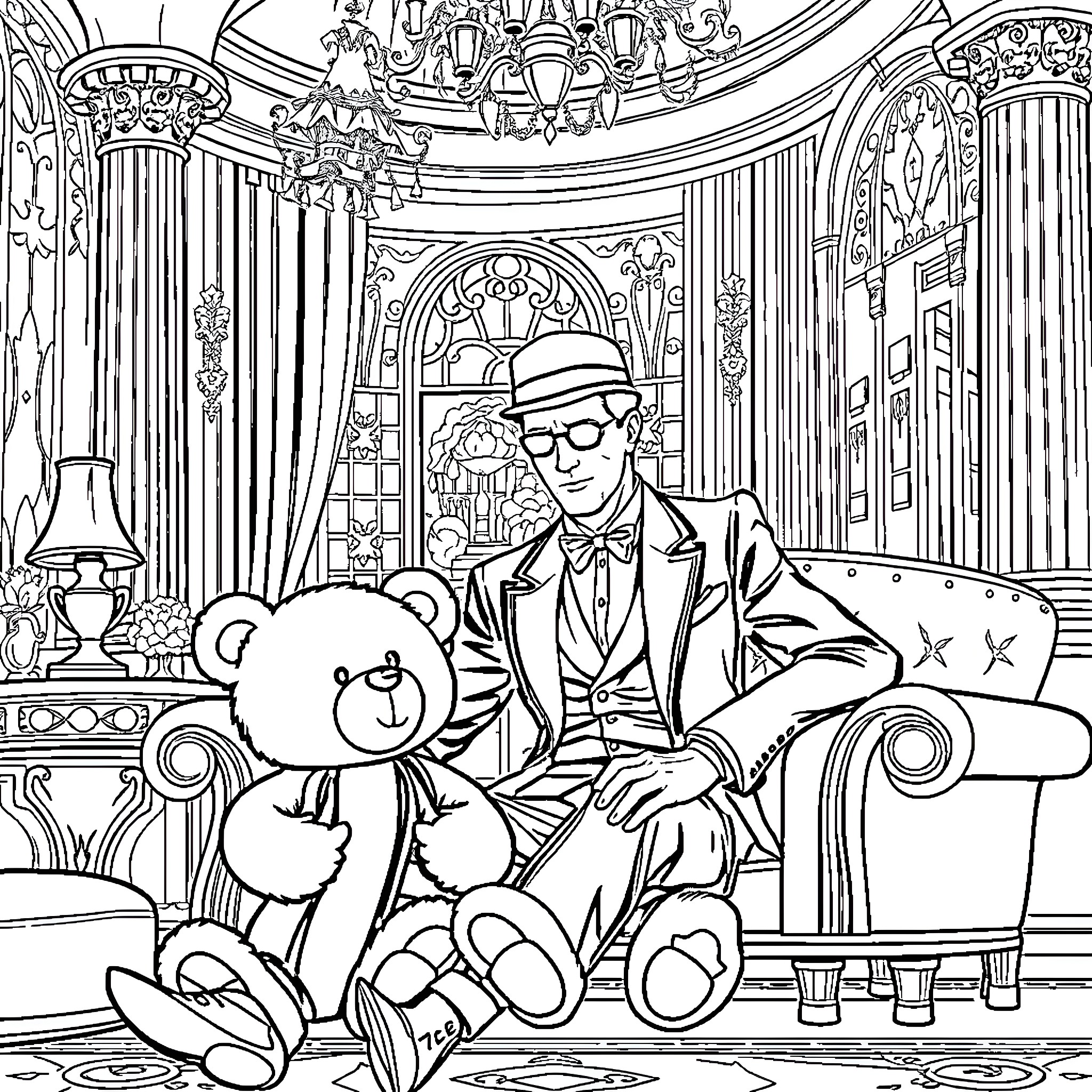 Jay Gatsby relaxing with a teddy bear in an opulent room Coloring Page (free black-and-white line drawing printable PDF for all, from beginners to advanced learners, including children, teens, adults, and seniors)