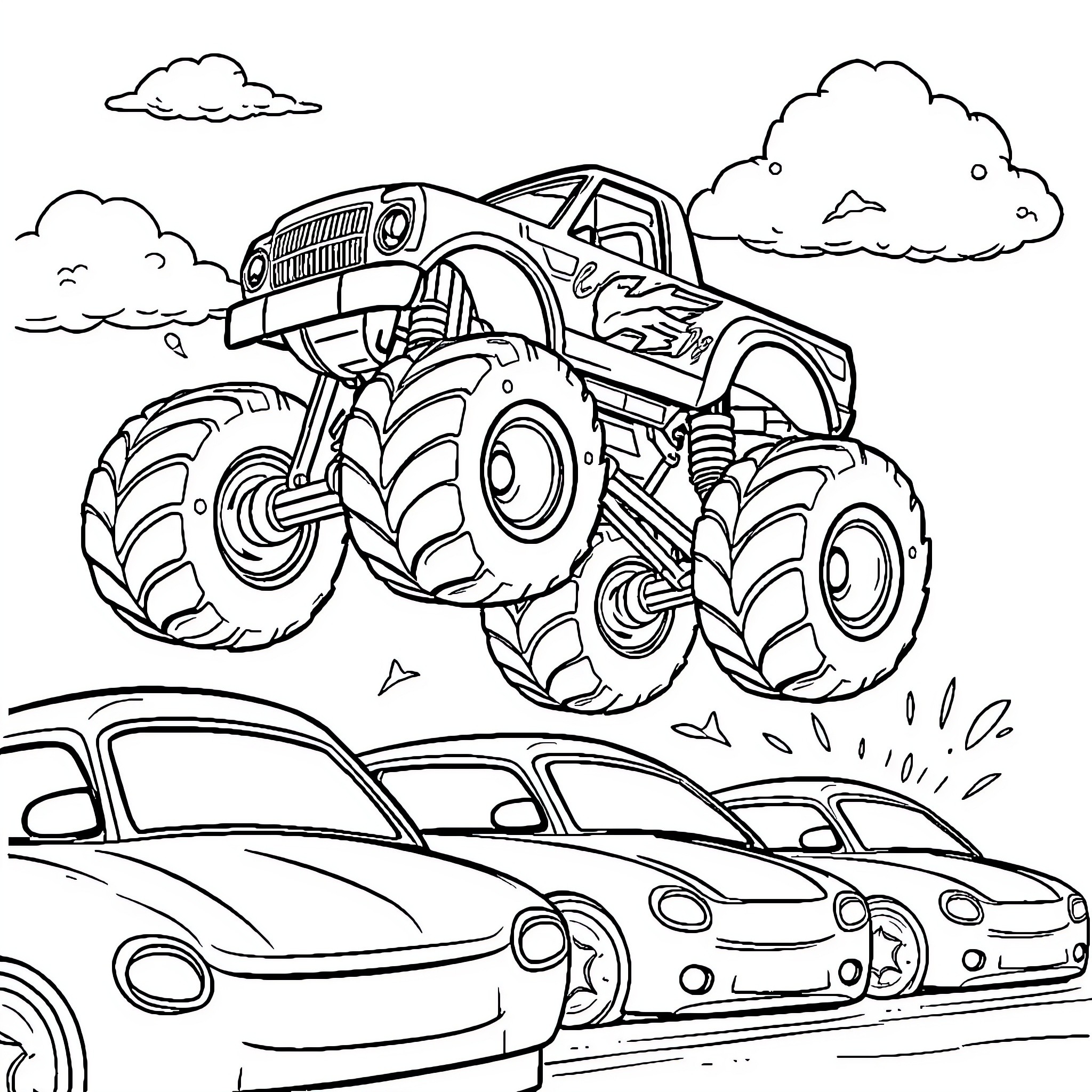 Monster Truck Crushing Smaller Cars on the Road Coloring Page (free black-and-white line drawing printable PDF for all, from beginners to advanced learners, including children, teens, adults, and seniors)