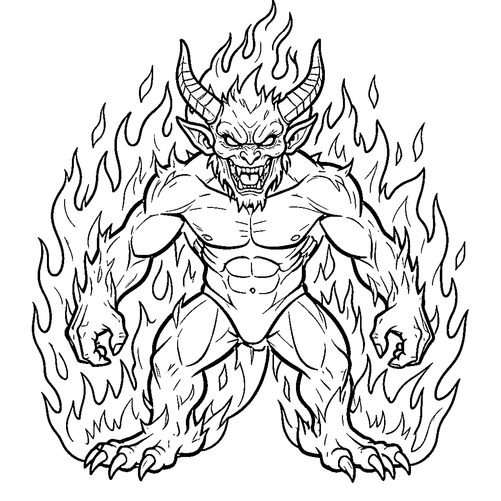 Fire Demon Emerging Ferociously from Flames Coloring Page (free black-and-white line drawing printable PDF for all, from beginners to advanced learners, including children, teens, adults, and seniors)