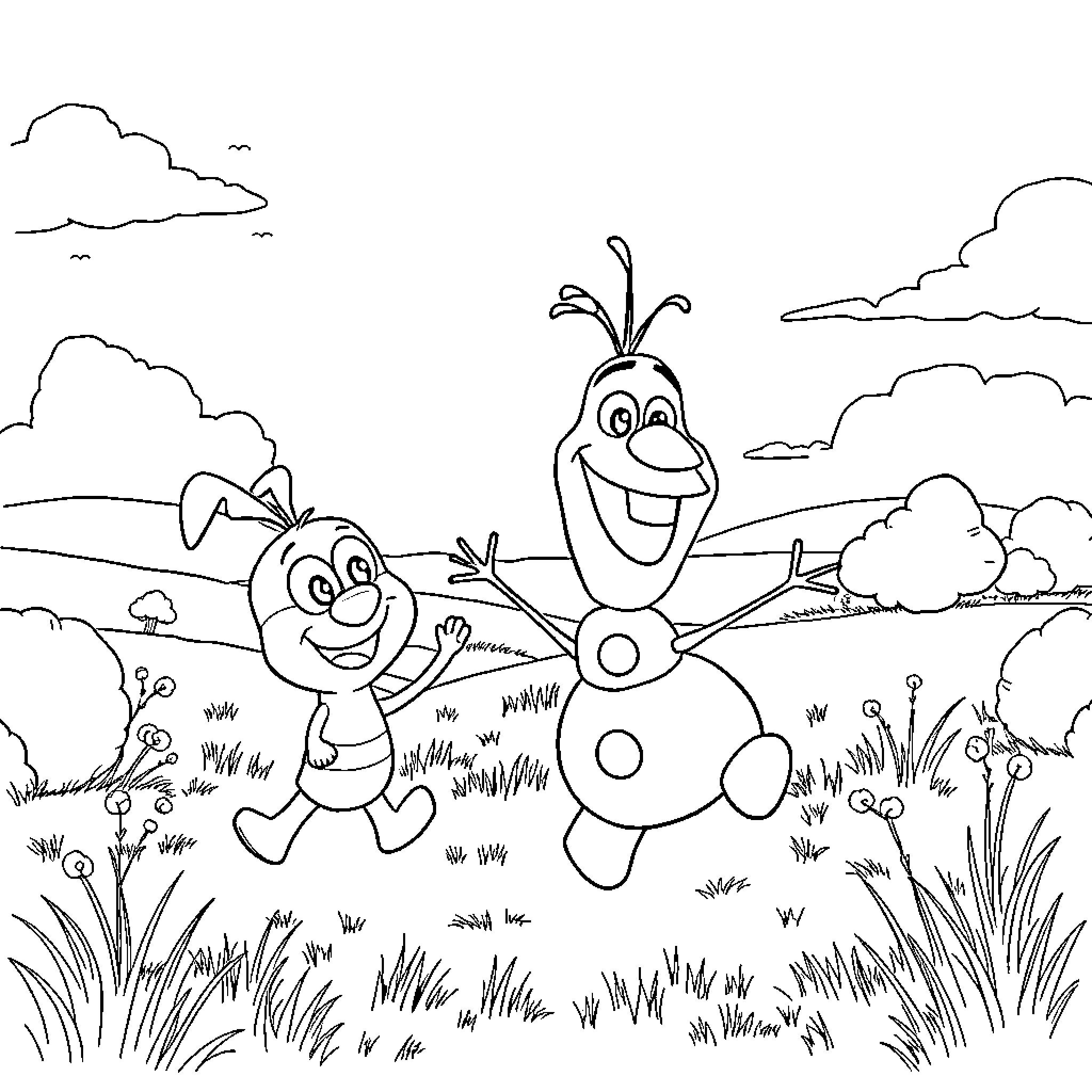Bluey's Fun Adventure in the Meadow Coloring Page (free black-and-white line drawing printable PDF for all, from beginners to advanced learners, including children, teens, adults, and seniors)