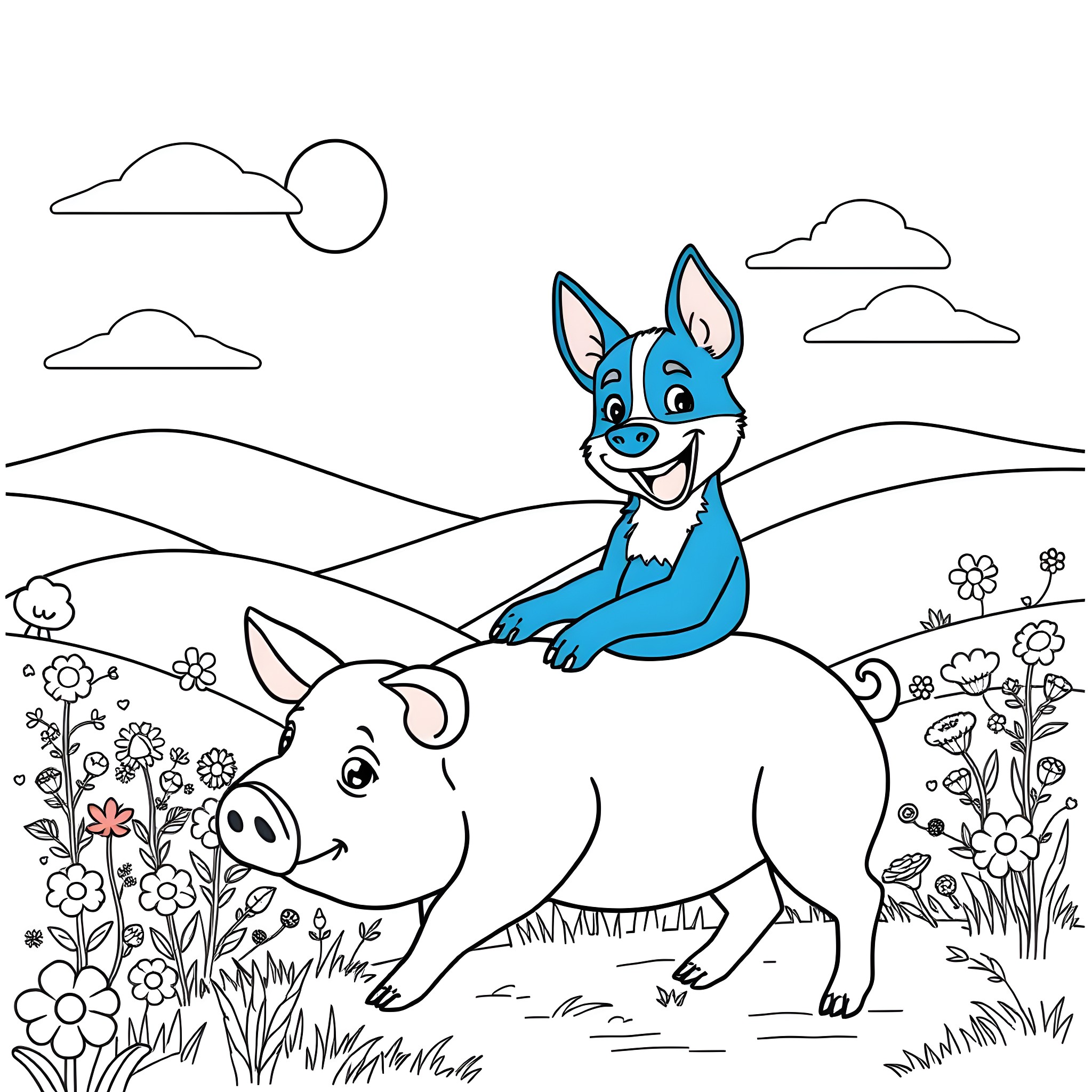 Bluey and friend explore the meadow Coloring Page (free black-and-white line drawing printable PDF for all, from beginners to advanced learners, including children, teens, adults, and seniors)