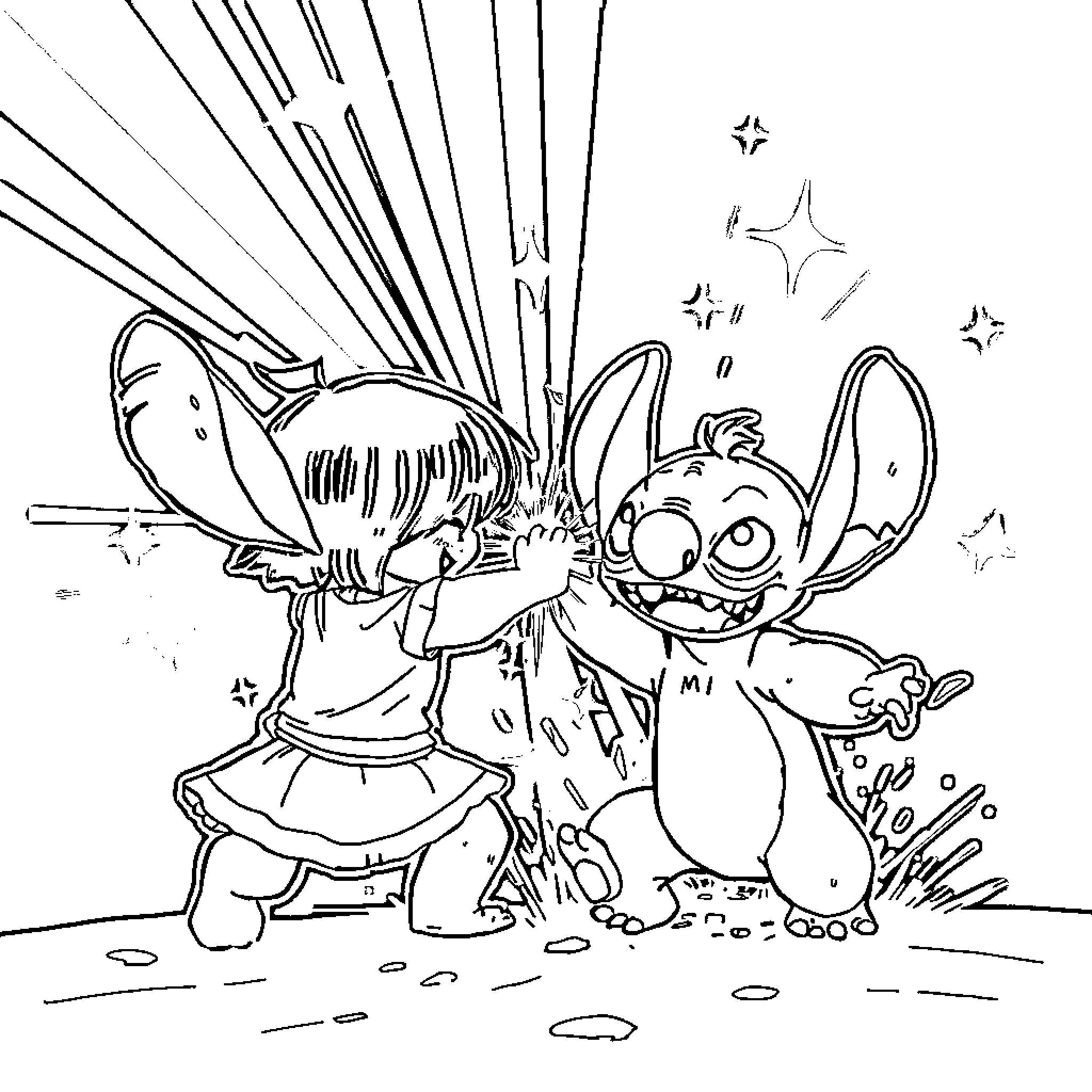 Rumi's Magical Encounter with Stitch Coloring Page (free black-and-white line drawing printable PDF for all, from beginners to advanced learners, including children, teens, adults, and seniors)