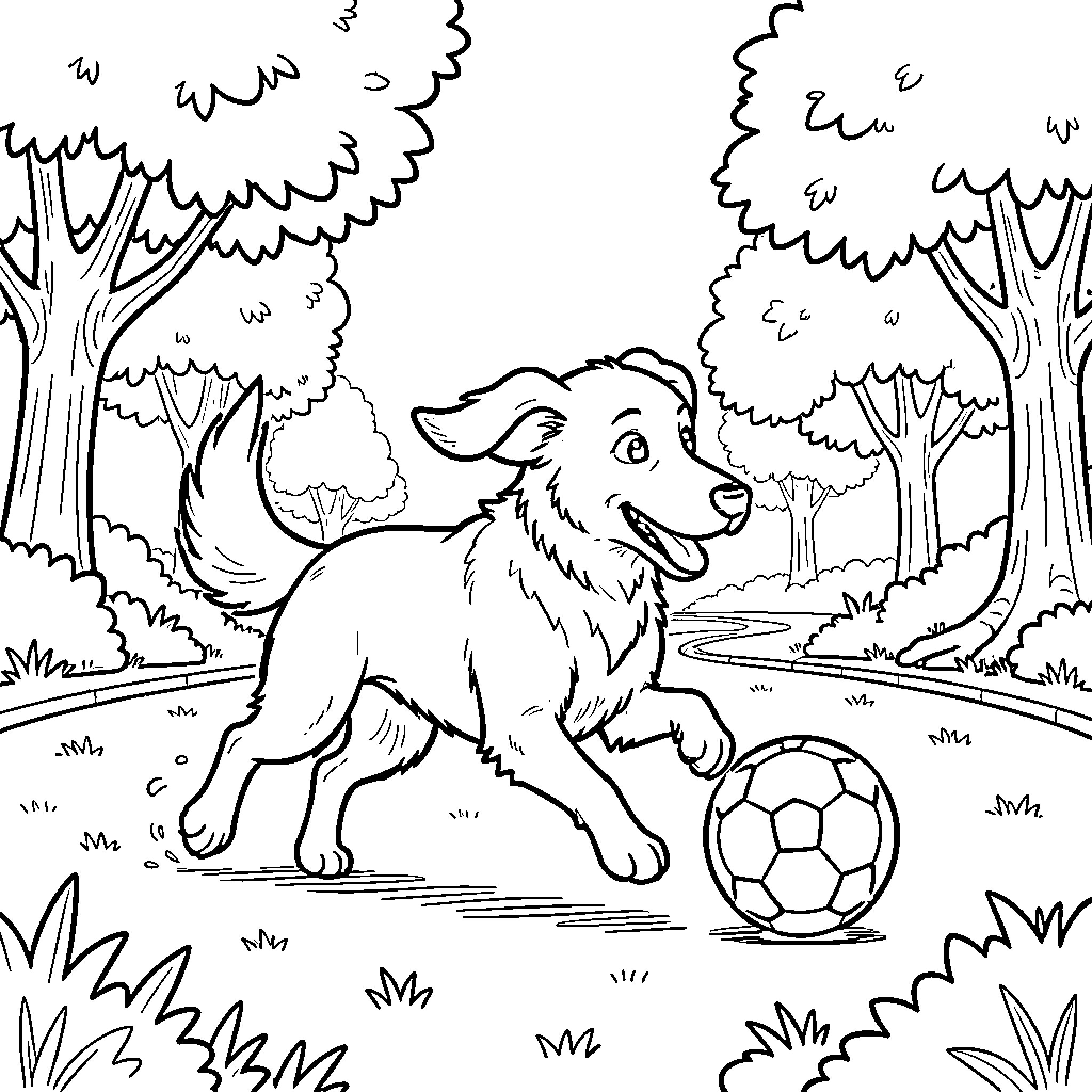 Dog running joyfully to chase a soccer ball Coloring Page (free black-and-white line drawing printable PDF for all, from beginners to advanced learners, including children, teens, adults, and seniors)