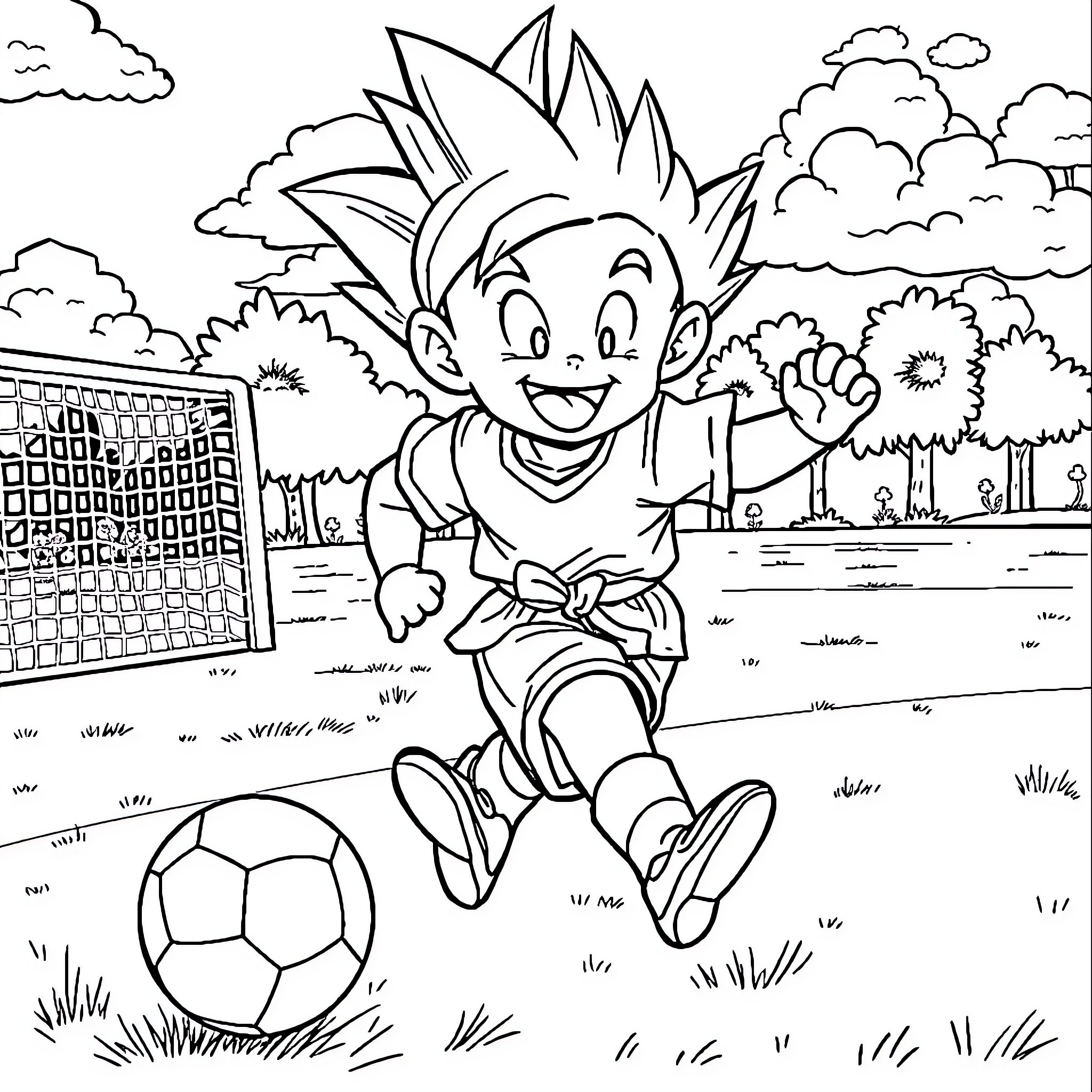 Gohan playing soccer joyfully in the park Coloring Page (free black-and-white line drawing printable PDF for all, from beginners to advanced learners, including children, teens, adults, and seniors)
