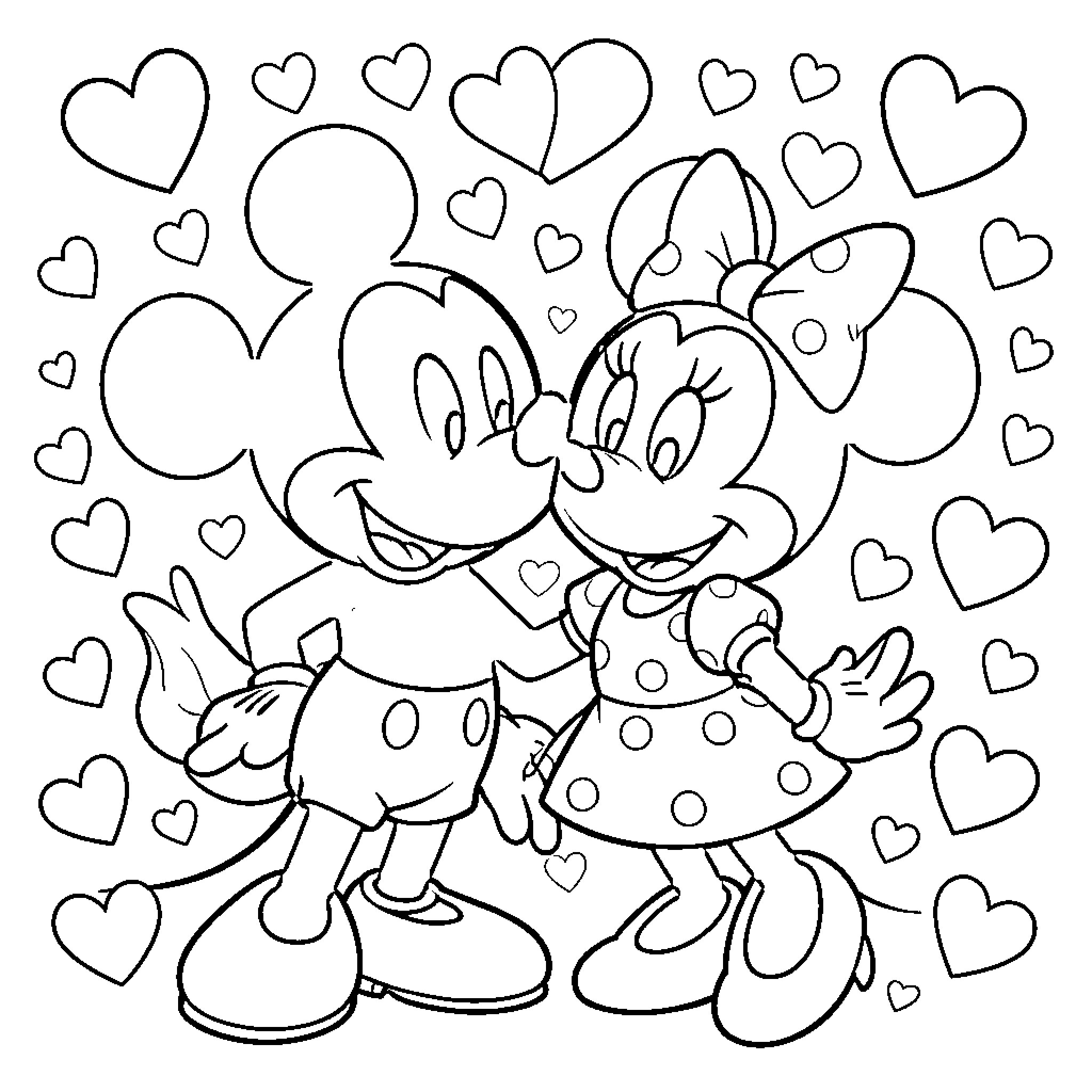 Mickey and Minnie's romantic adventure Coloring Page (free black-and-white line drawing printable PDF for all, from beginners to advanced learners, including children, teens, adults, and seniors)