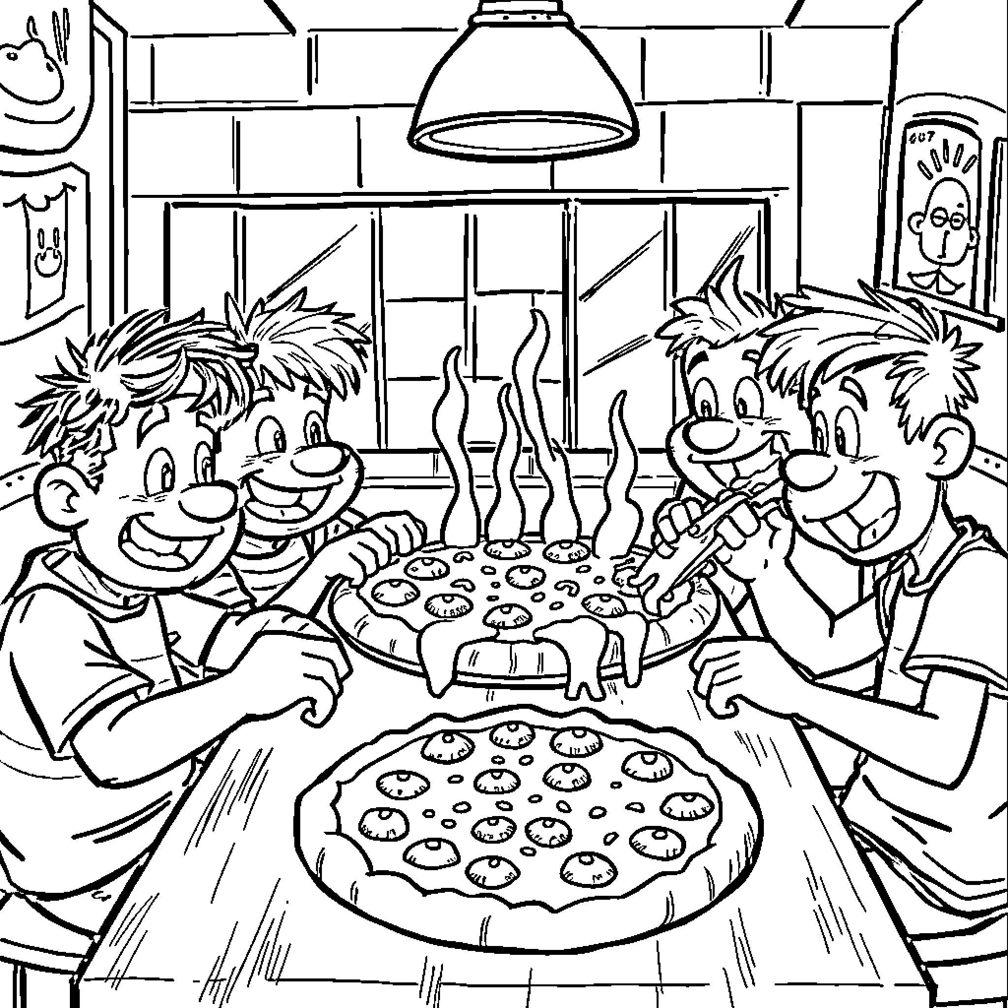Rubben's Lively Pizza Party Coloring Page (free black-and-white line drawing printable PDF for all, from beginners to advanced learners, including children, teens, adults, and seniors)