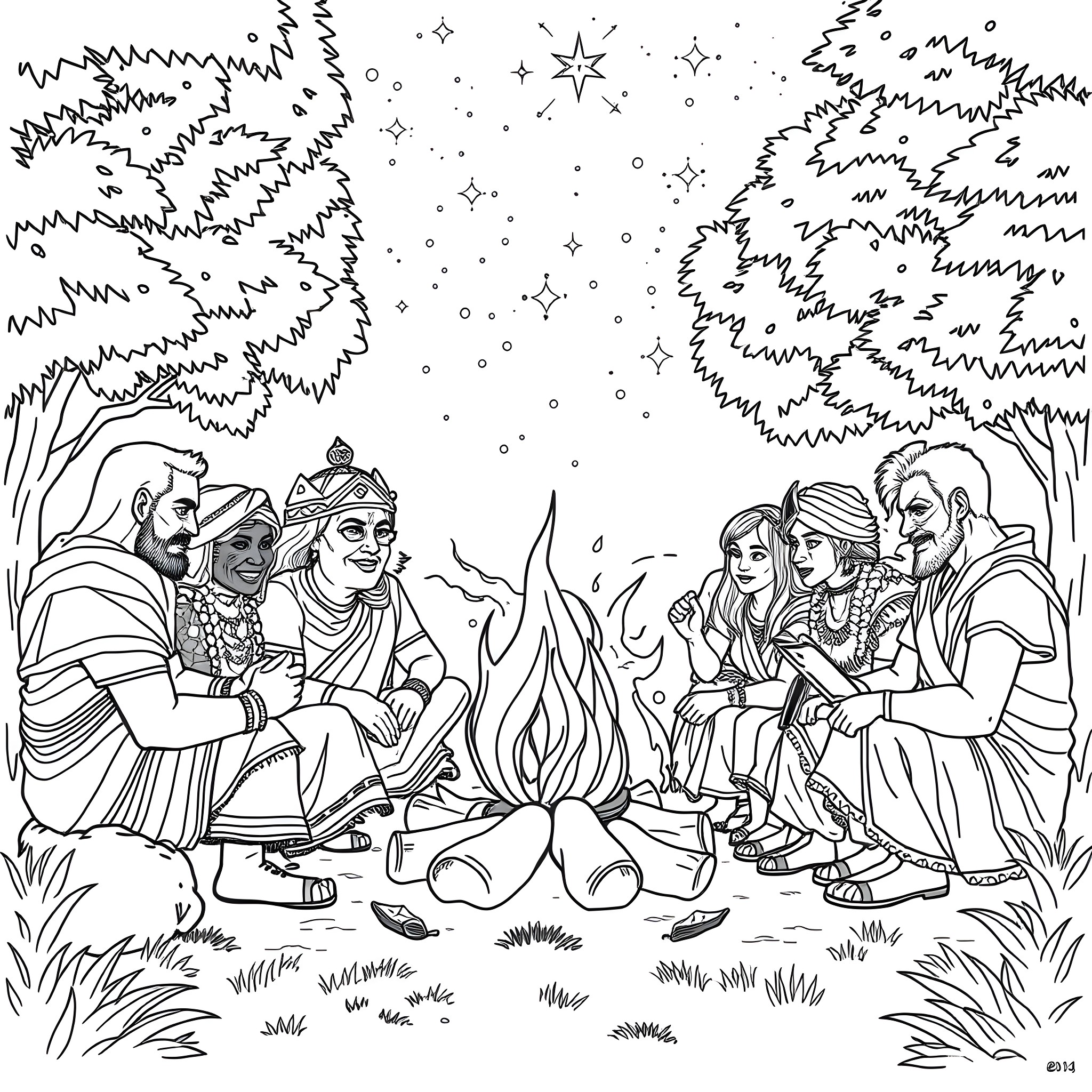 Msa Character Group Gathered Around Campfire in Forest Coloring Page (free black-and-white line drawing printable PDF for all, from beginners to advanced learners, including children, teens, adults, and seniors)