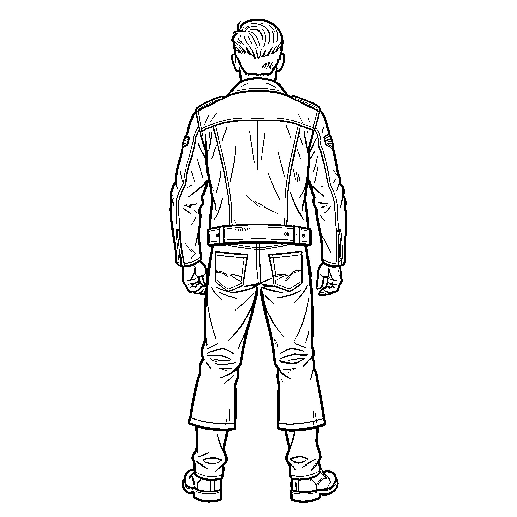 Biker standing wearing a leather jacket and trousers Coloring Page (free black-and-white line drawing printable PDF for all, from beginners to advanced learners, including children, teens, adults, and seniors)