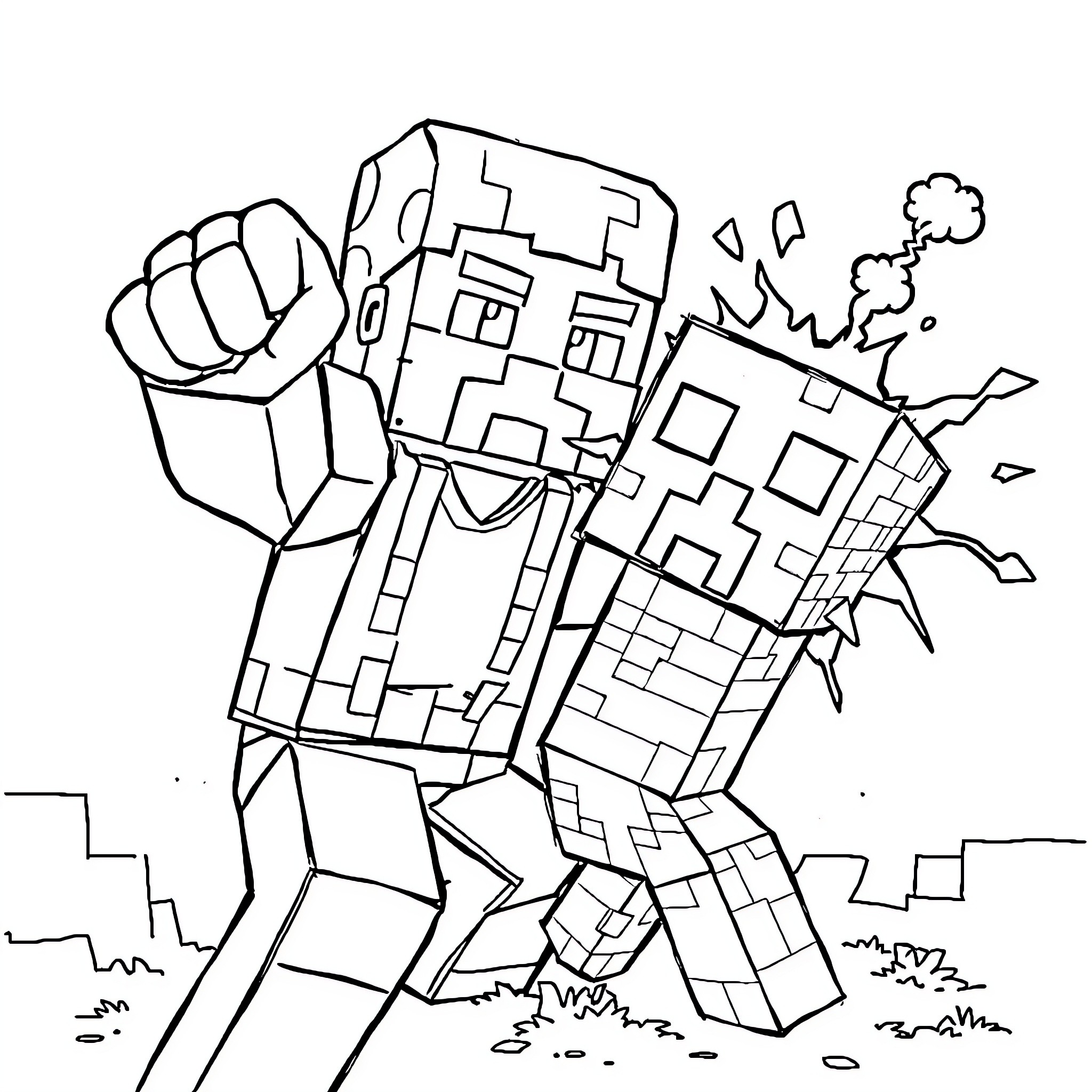 Steve Stomping on Broken City Structures Coloring Page (free black-and-white line drawing printable PDF for all, from beginners to advanced learners, including children, teens, adults, and seniors)