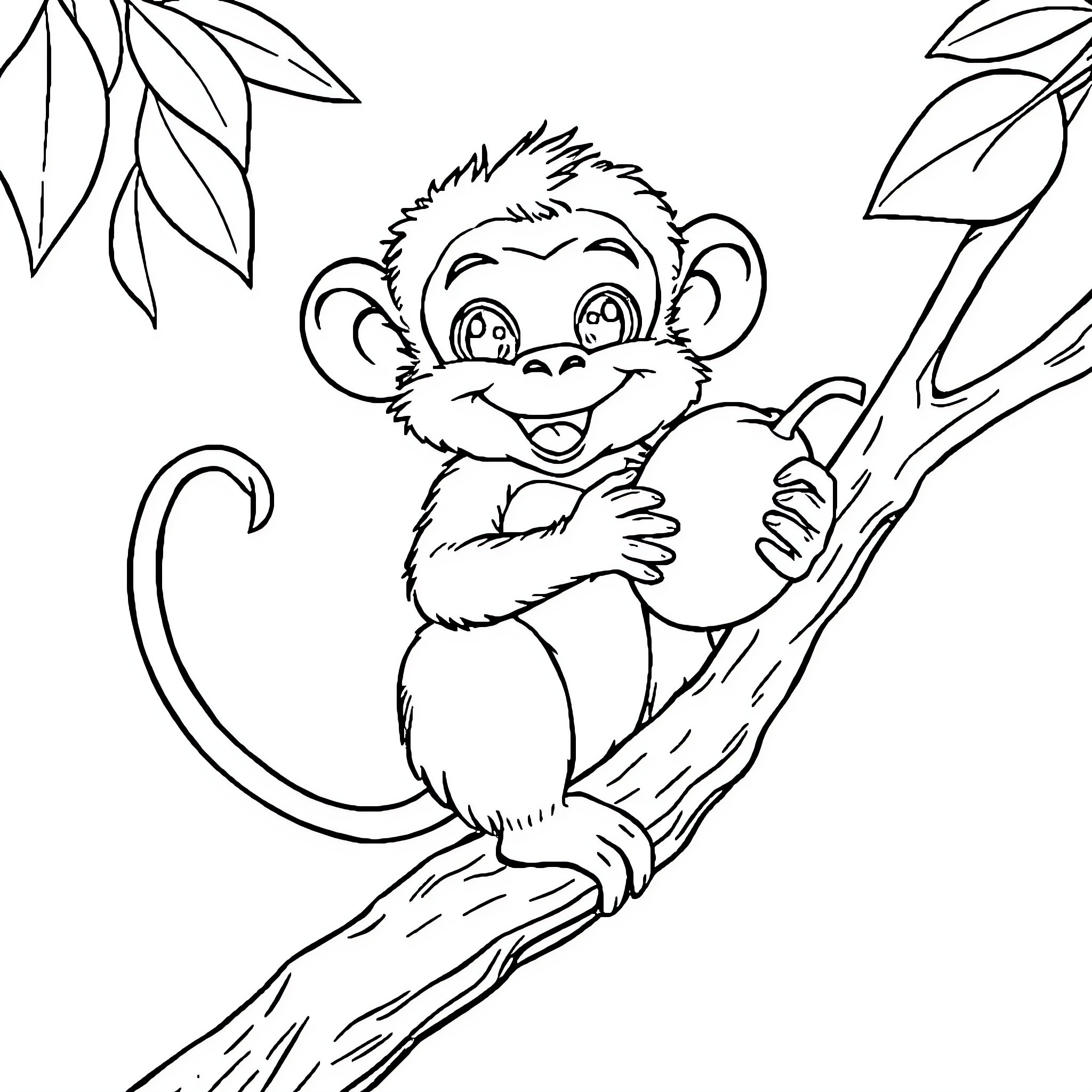 Monkey enjoying the outdoors on a tree branch Coloring Page (free black-and-white line drawing printable PDF for all, from beginners to advanced learners, including children, teens, adults, and seniors)